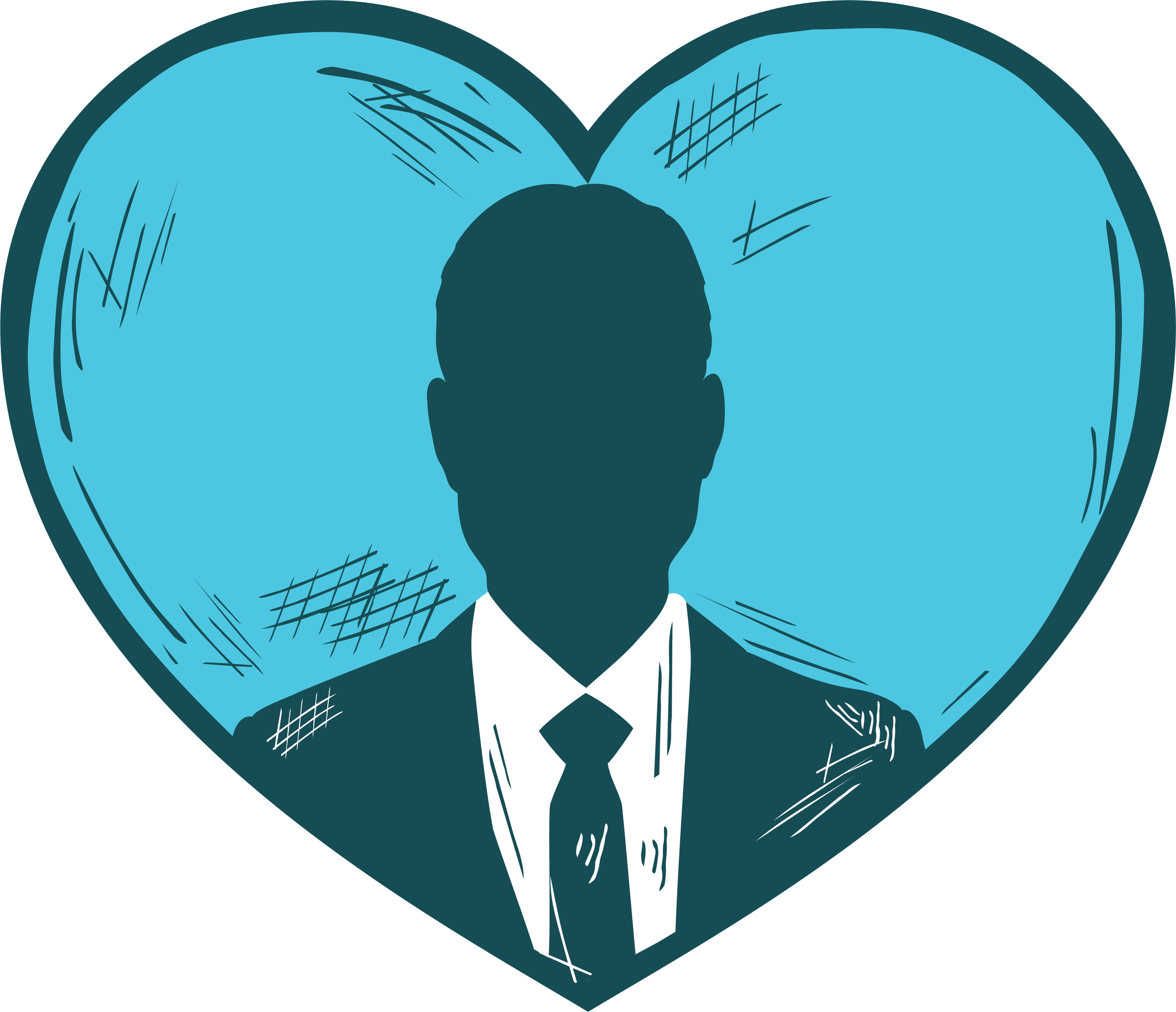 Stylized drawing of a man in a suit and tie with a silhouette face, with a large heart-shaped background outline that contains lines and shading.