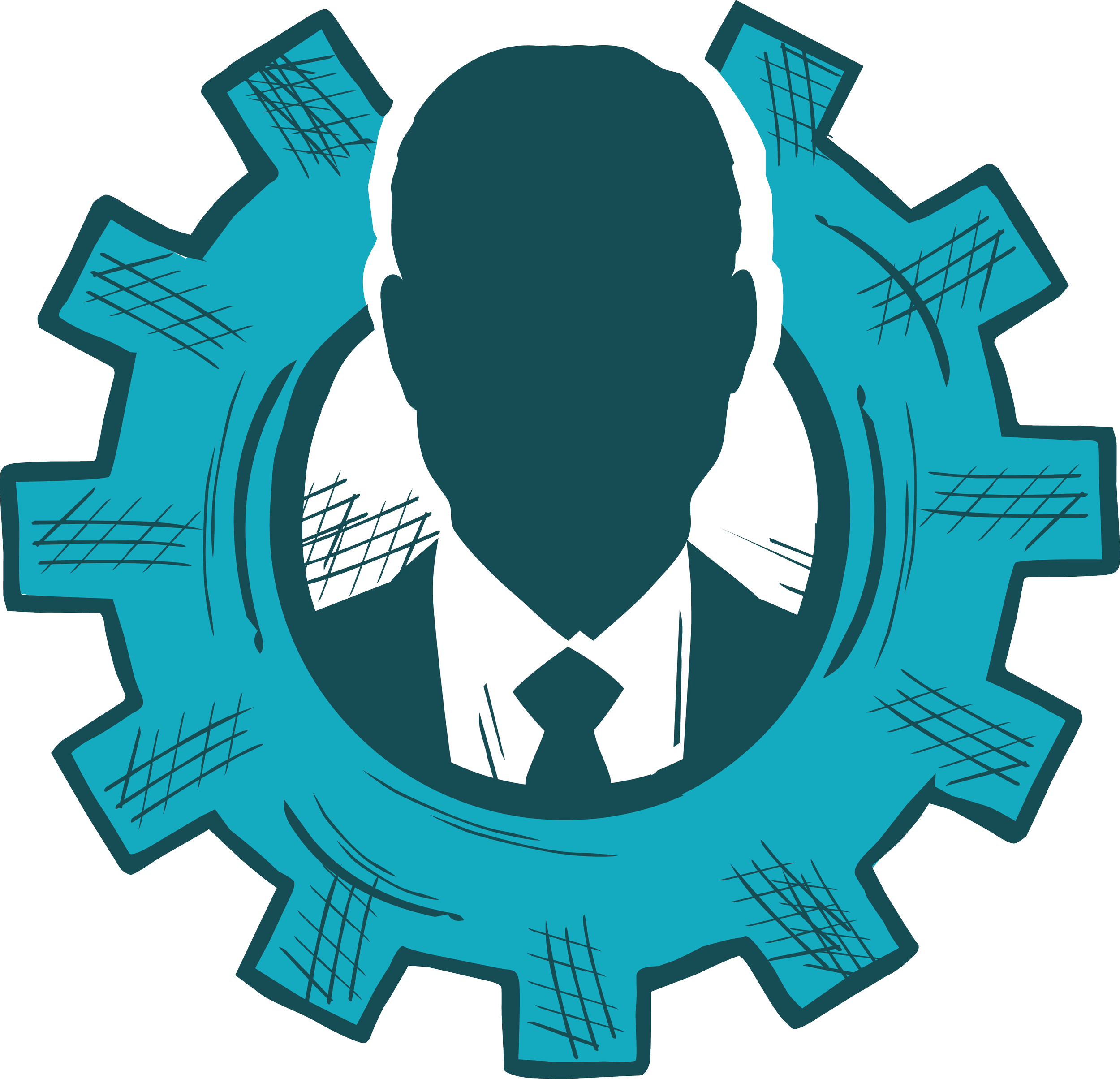 Illustration of a person in a suit, with a solid dark face and no details, surrounded by four additional blue silhouettes with a grid pattern in the background.