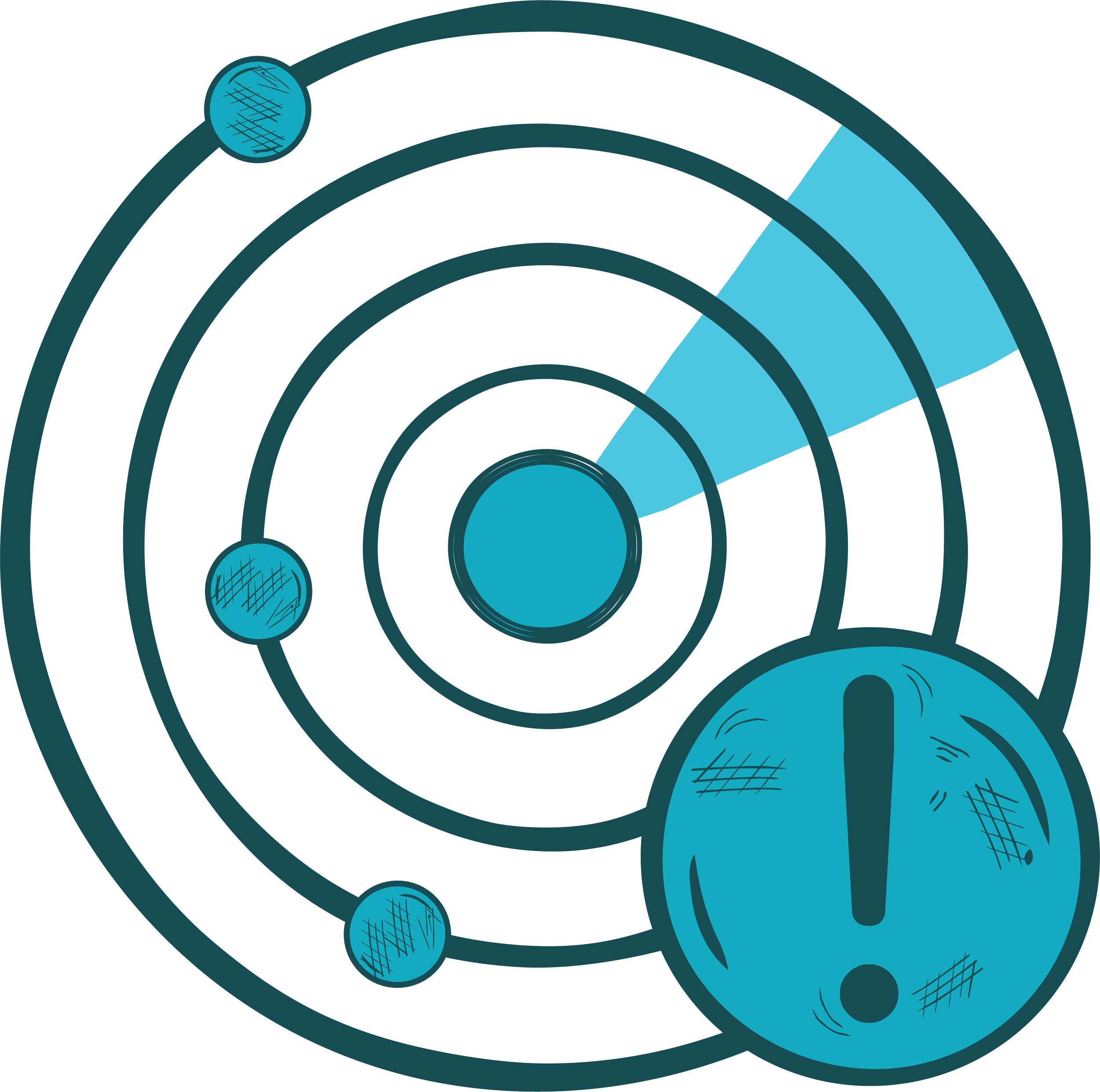 A stylized depiction of the solar system with concentric circles representing orbits, and planets illustrated as small circles along these orbits, with a large central circle representing the sun.