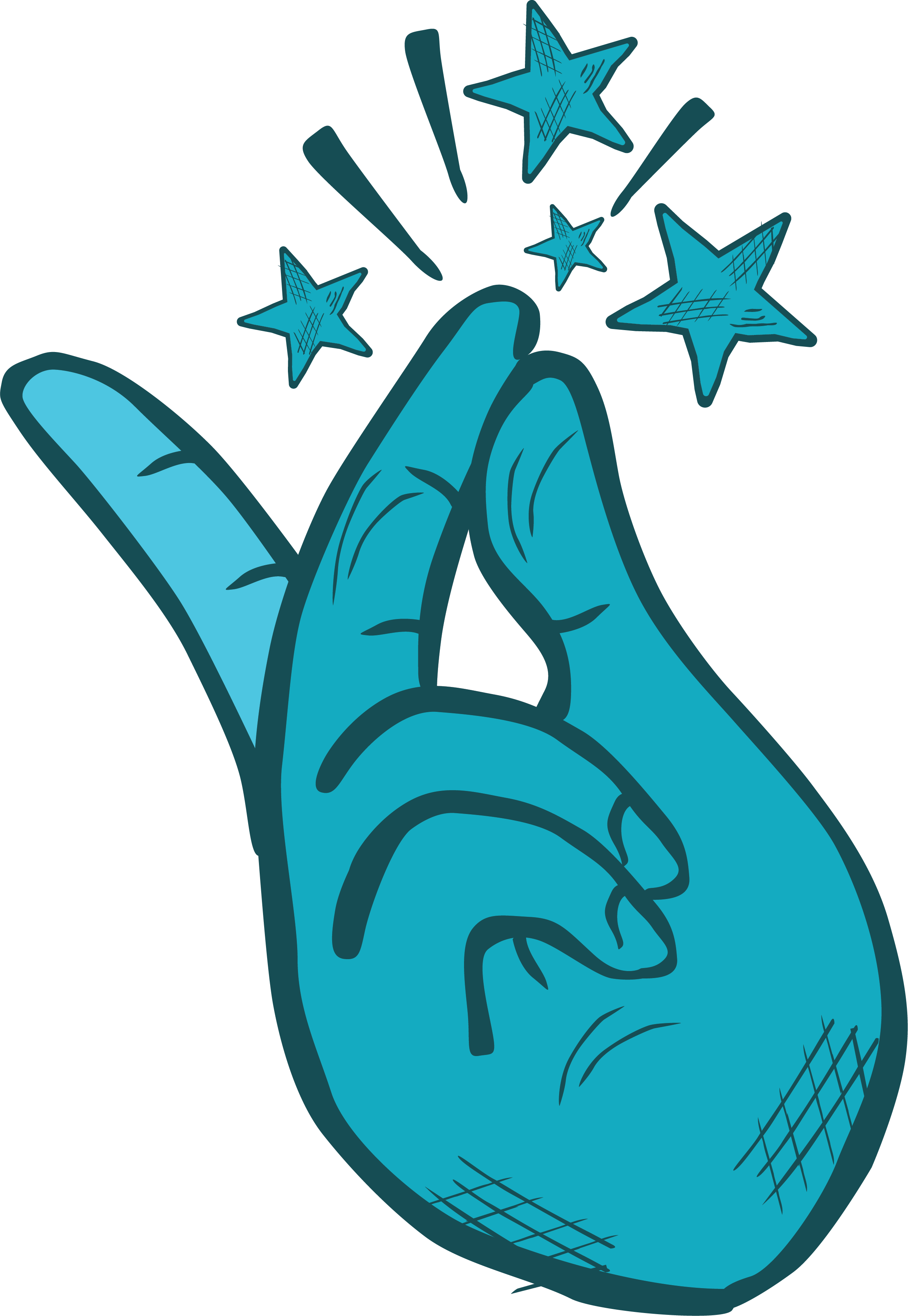Illustration of a blue hand making an 'OK' gesture with the index finger and thumb touching, surrounded by small stars and exclamation marks.