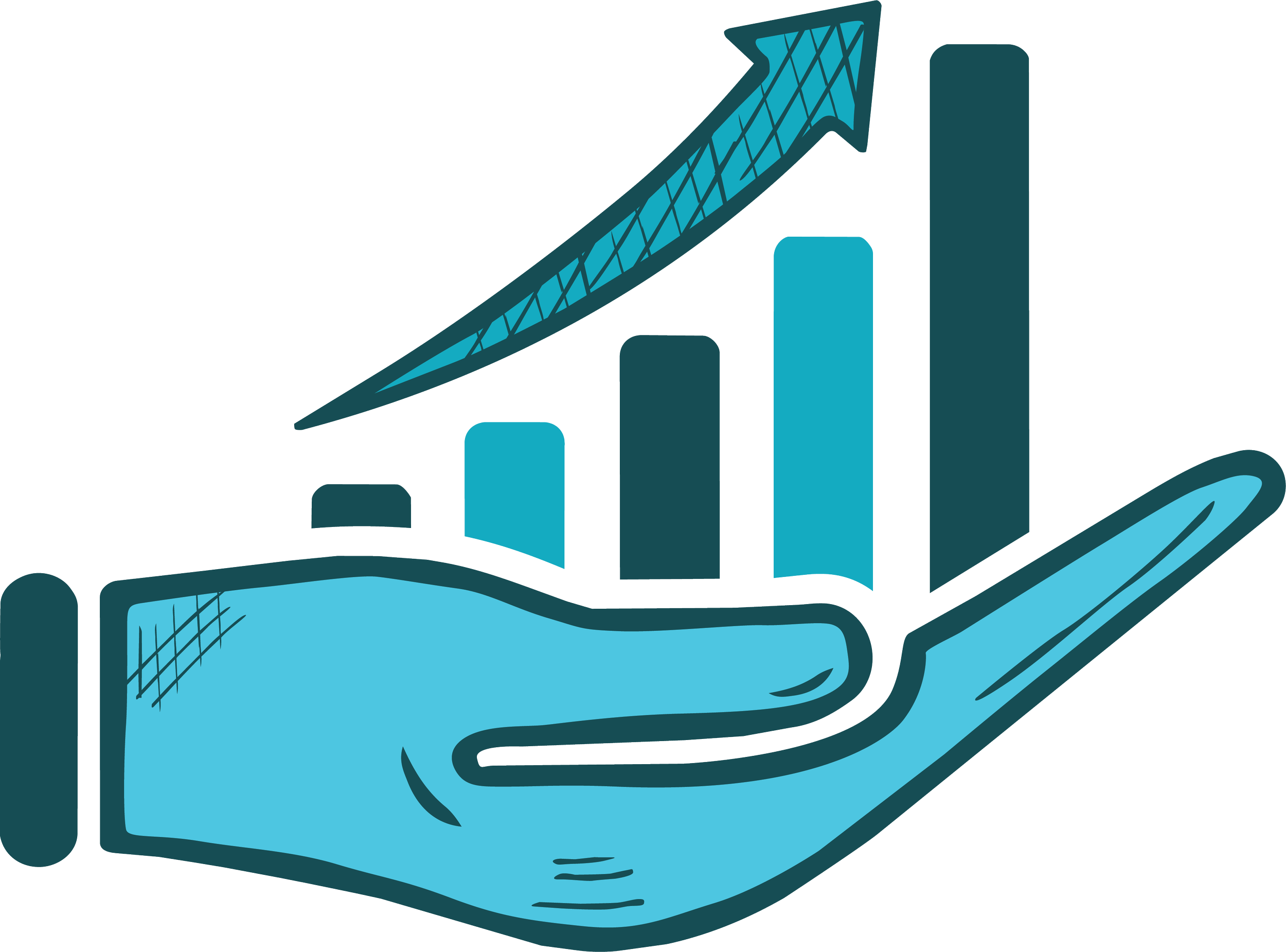A digital illustration featuring a bar graph with five ascending blue bars, a upward-pointing arrow crossing over the bars, and surrounding abstract shapes and lines.