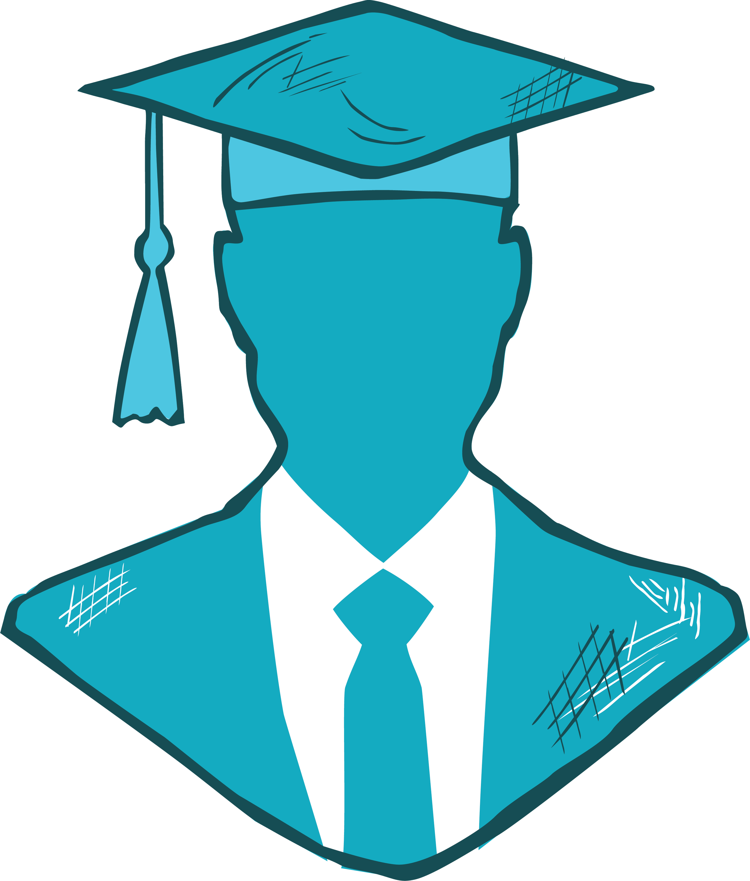 Illustration of a person wearing a graduation cap and gown, depicted in shades of blue with sketchy details.