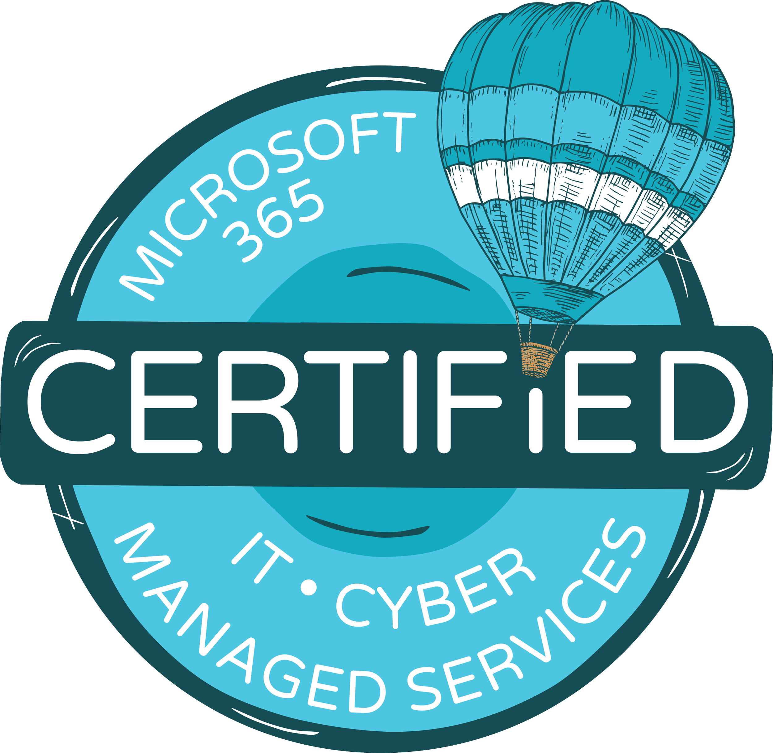 A graphic illustration featuring a hot air balloon with a pattern of lines, alongside a circular badge containing the text 'MICROSOFT CERTIFIED' and a border of words such as 'CYBER' and 'SECURED'.