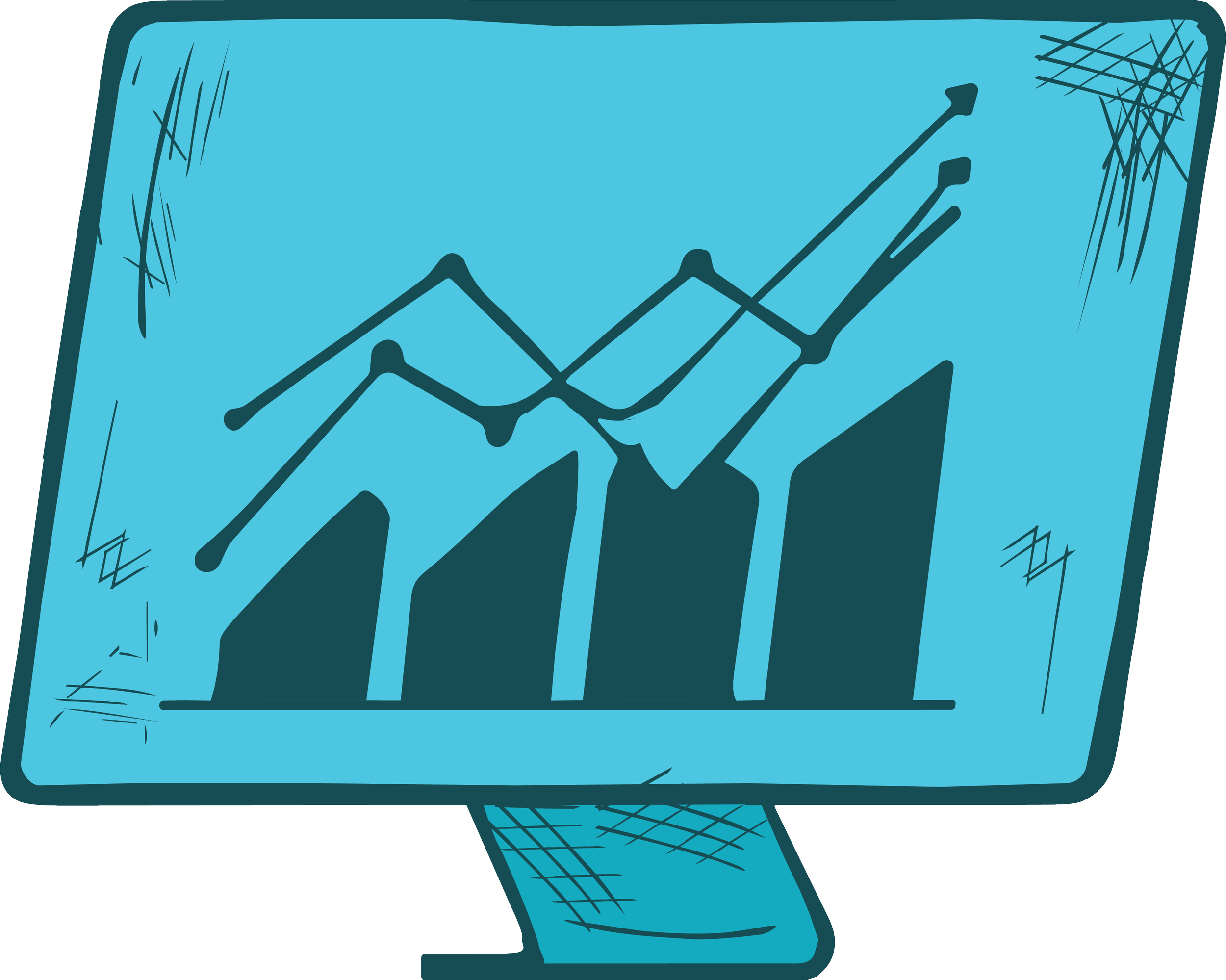 A stylized illustration of a blue paper or card with various black line graphs and marks on it.