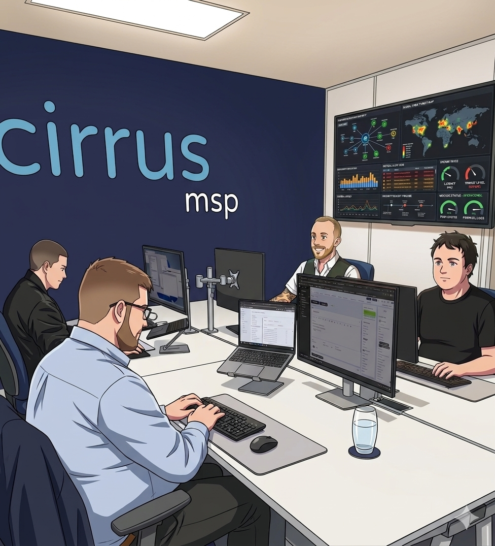 An illustration of Cirrus MSP office with four people seated around a table, two large monitors displaying data and a wall with a dashboard of graphical data, a globe, and a world map.
