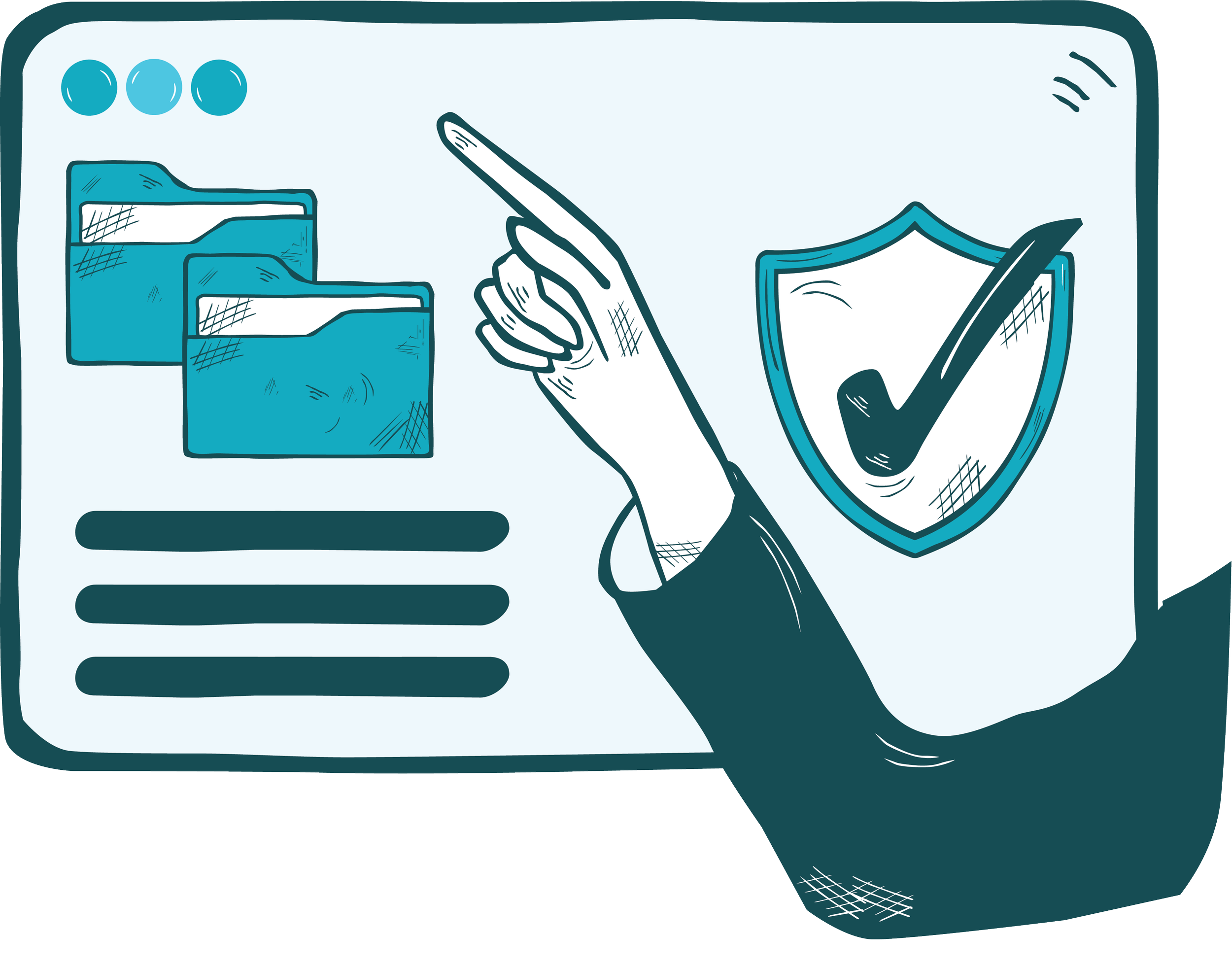 Illustration of a hand wearing a shield with a checkmark, pointing to a row of boxes, possibly representing a checklist or inventory.