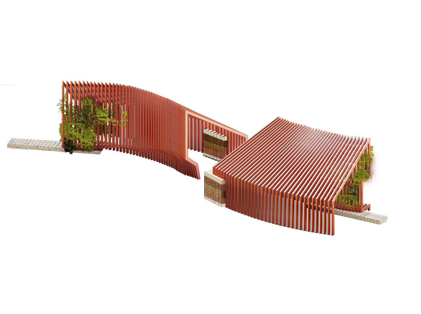 Modelo arquitectónico de estructura moderna con techos inclinados y paredes de listones en color terracota, con áreas verdes y pasillos pavimentados.