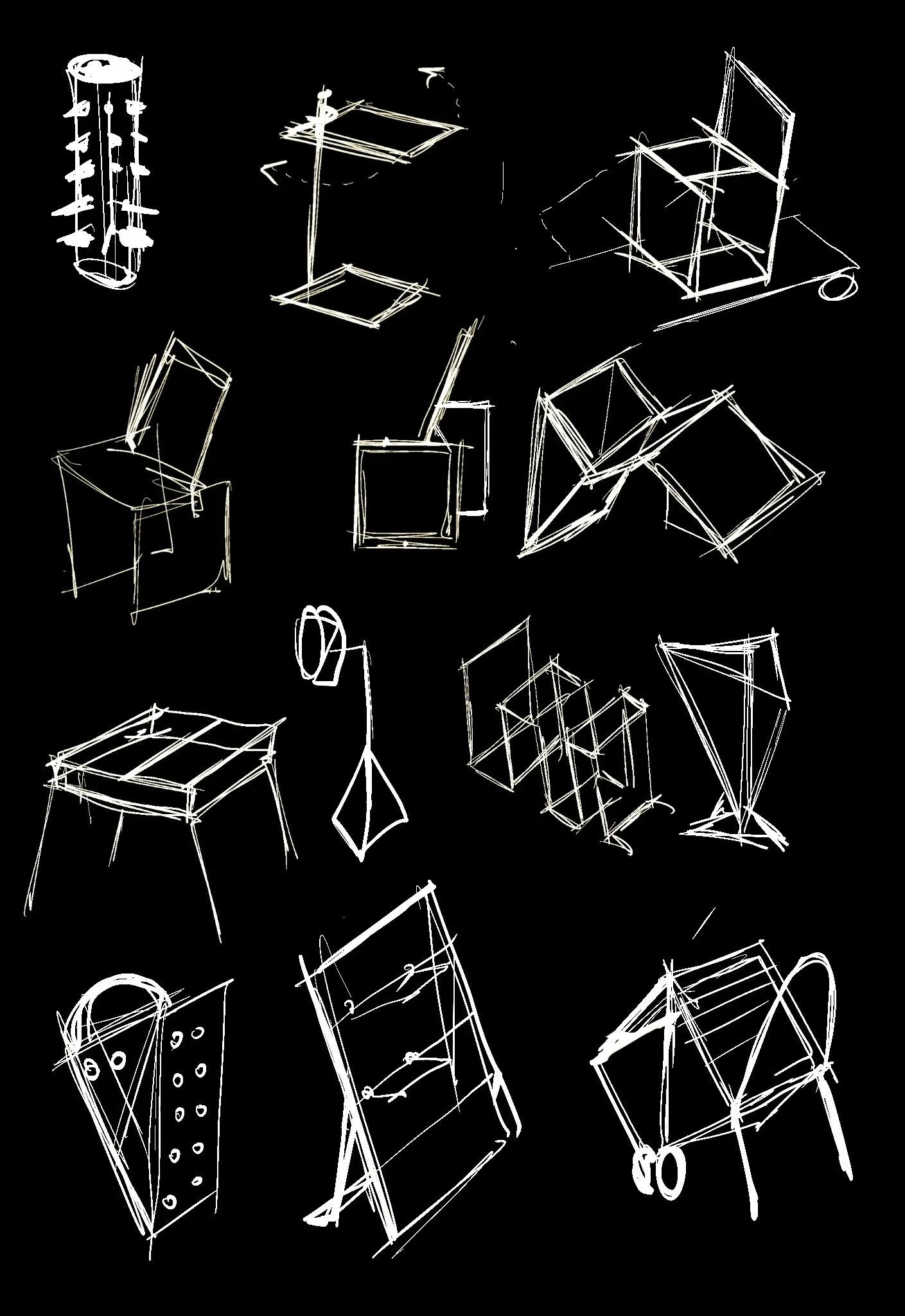 Dibujos en esquema de diferentes muebles y objetos de oficina, como estanterías, mesas, sillas, lámparas y otros, en un fondo negro.