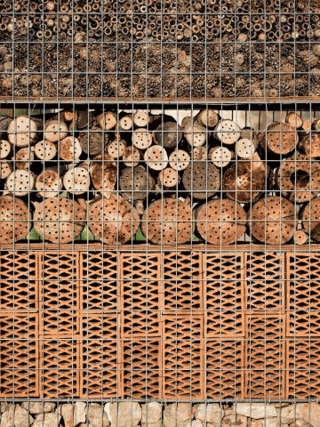Varios jardineros en un espacio de construcción con estructuras de bloques de cerámica y madera