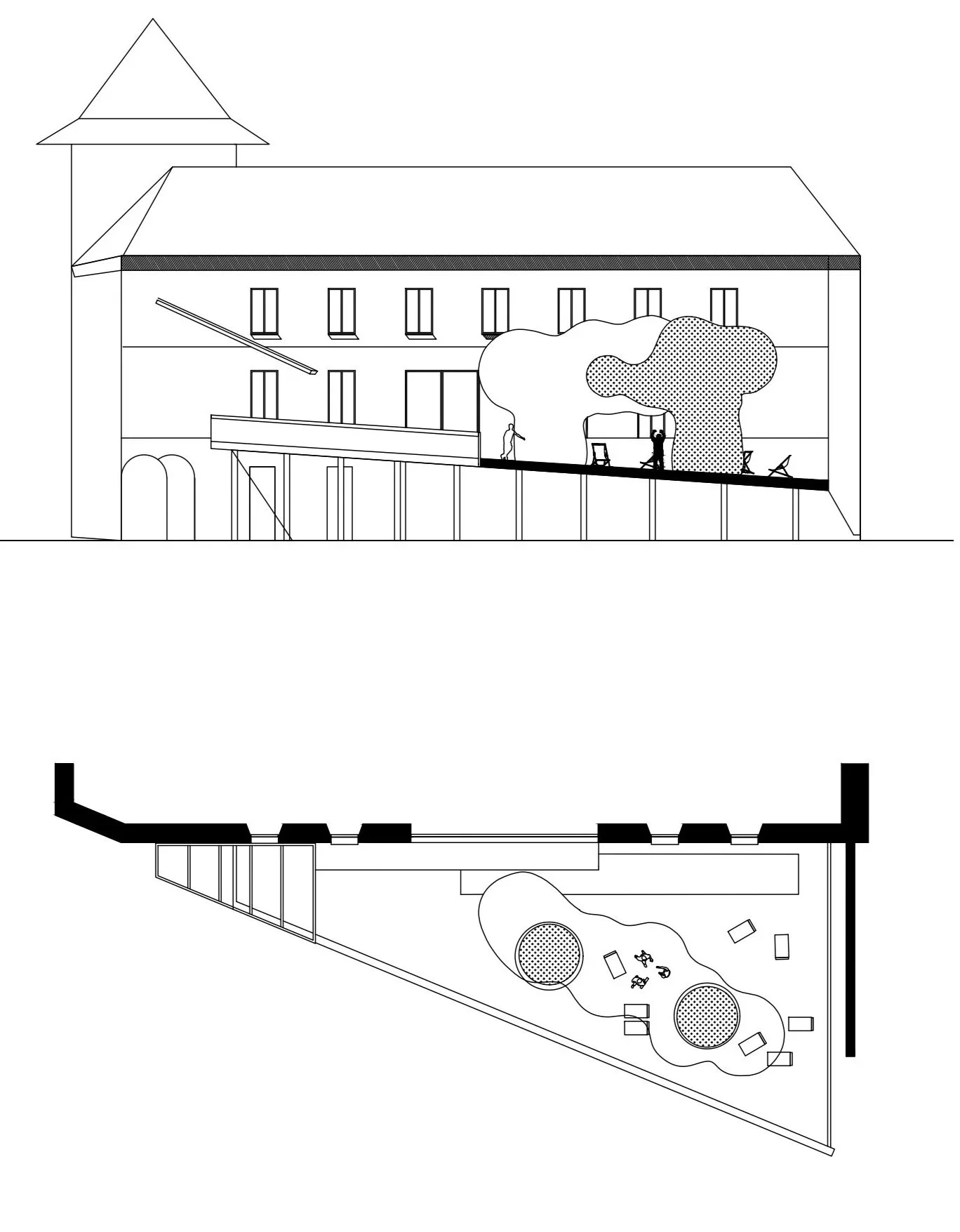 Plano arquitectónico en blanco y negro de un edificio con una sección superior que muestra la fachada, incluyendo un árbol, ventanas y un pasillo inclinado con personas y áreas de juego, y una sección inferior que presenta un plano en planta de un espacio interior equipado con áreas de juego y mobiliario.