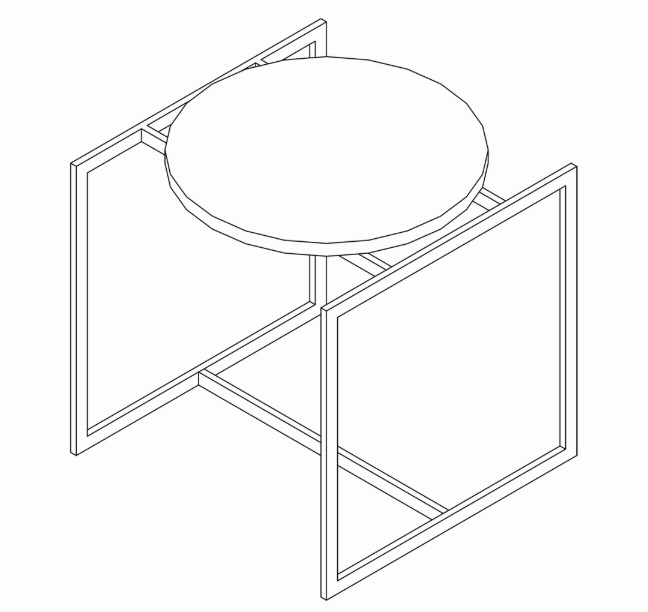 Dibujo técnico de una mesa redonda con cuatro paneles laterales y una superficie superior circular.