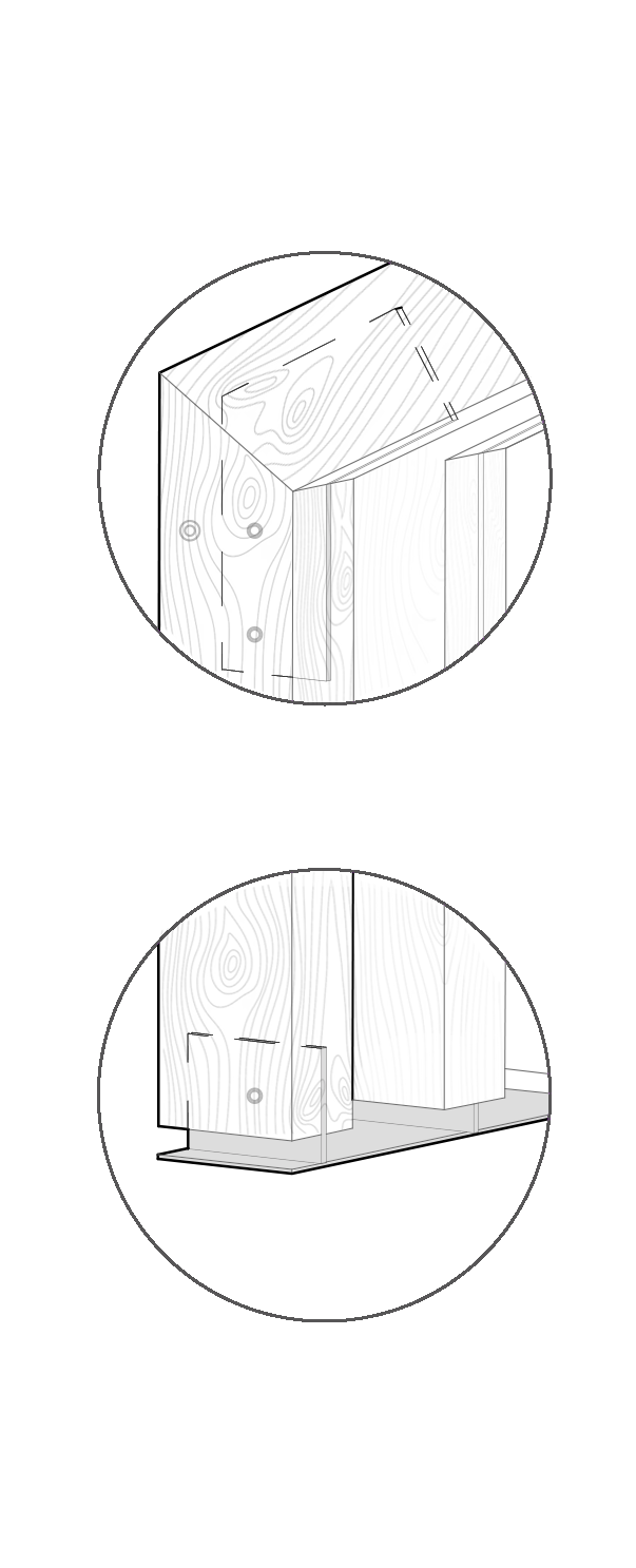 Esquema técnico de una estructura de madera, mostrando dimensiones y detalles en cortes y vistas en perspectiva