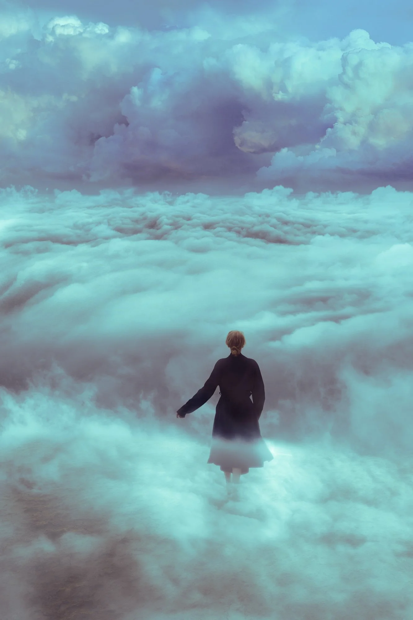 A digitally altered photograph of a woman in dark clothing surrounded by blueish clouds walking away from the viewer towards a column of darker clouds in the distance.