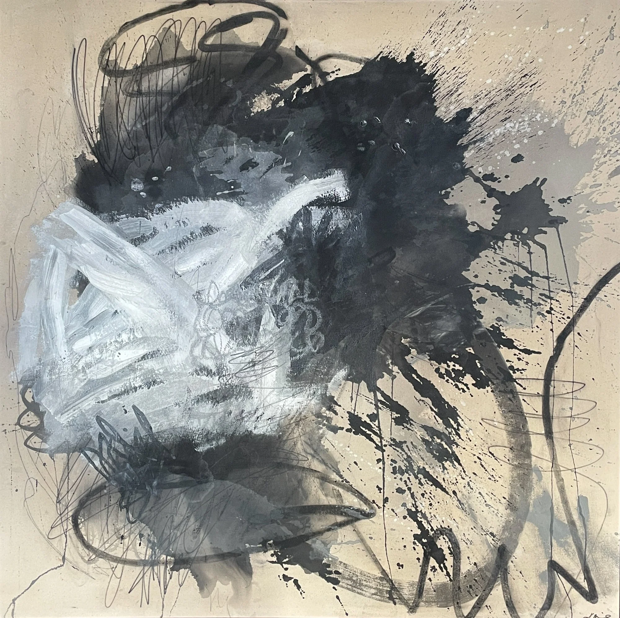 An abstract painting in dark and light strokes against a light brown background made with acrylic, charcoal and oil stick on raw canvas.