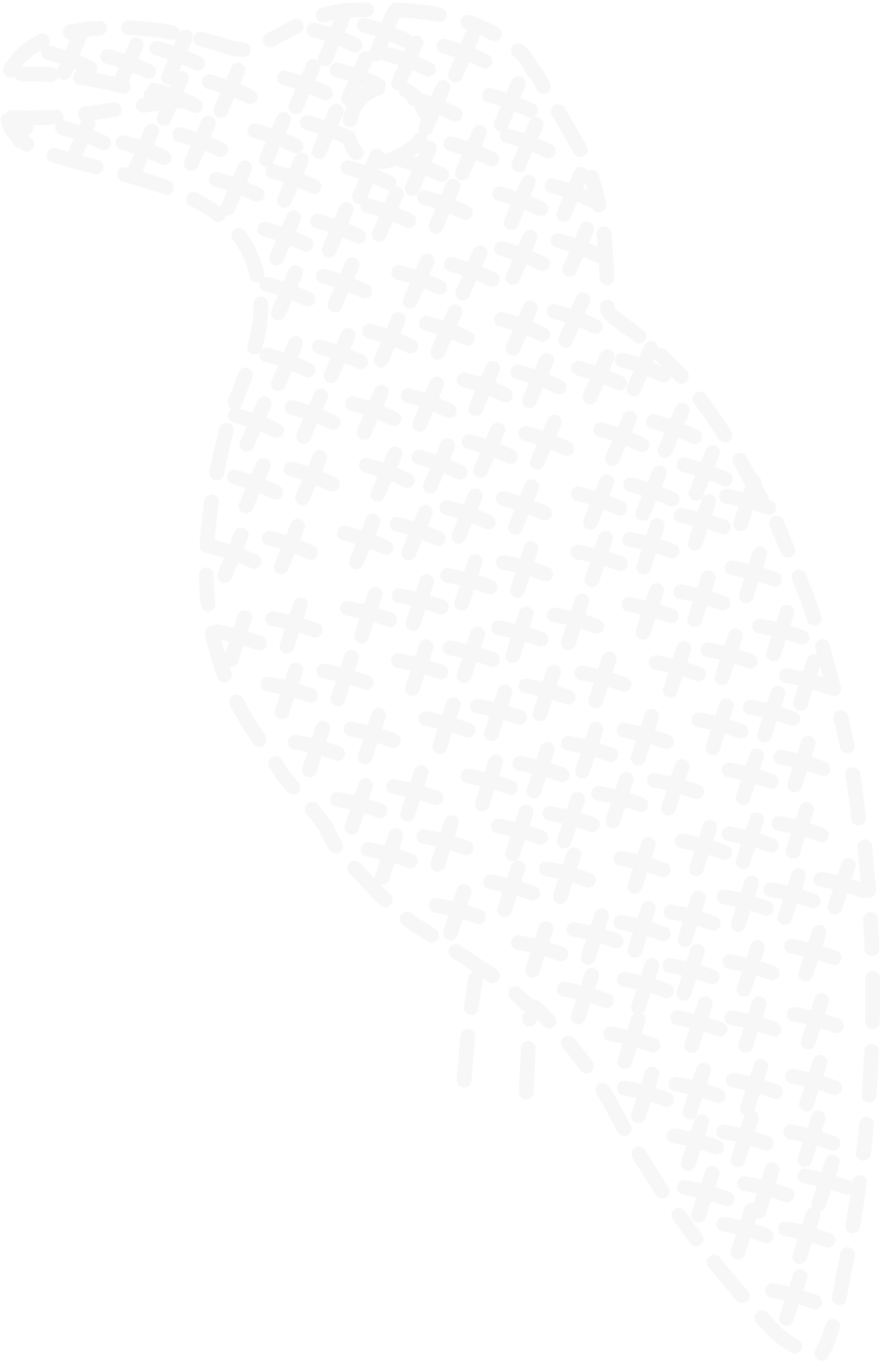 A small illustration of a corvid bird made with white stitch-like strokes and crosses.
