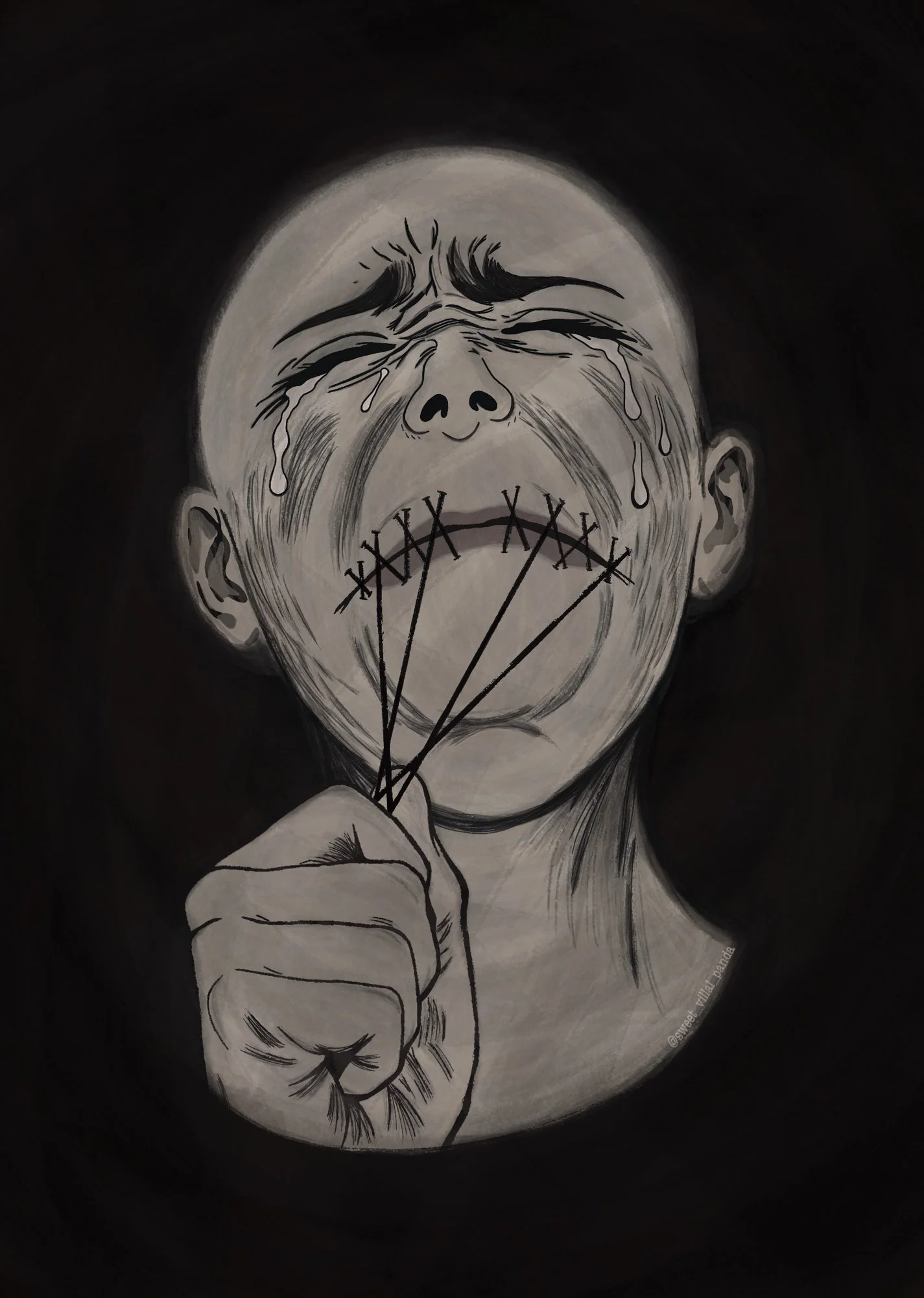 A digital drawing of a pale person whose mouth is stitched shut. They are tearing the stitches off with their hand while tears run down their cheeks, and their facial expression looks hurtful.
