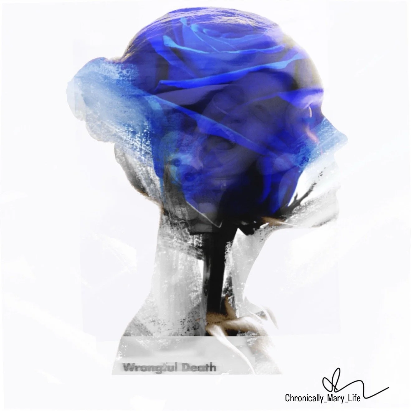 A digital collage made of multiple layers. A woman’s head against a white background – inside it a blue rose, a screaming face of a woman, and the text ‘Wrongful Death’.