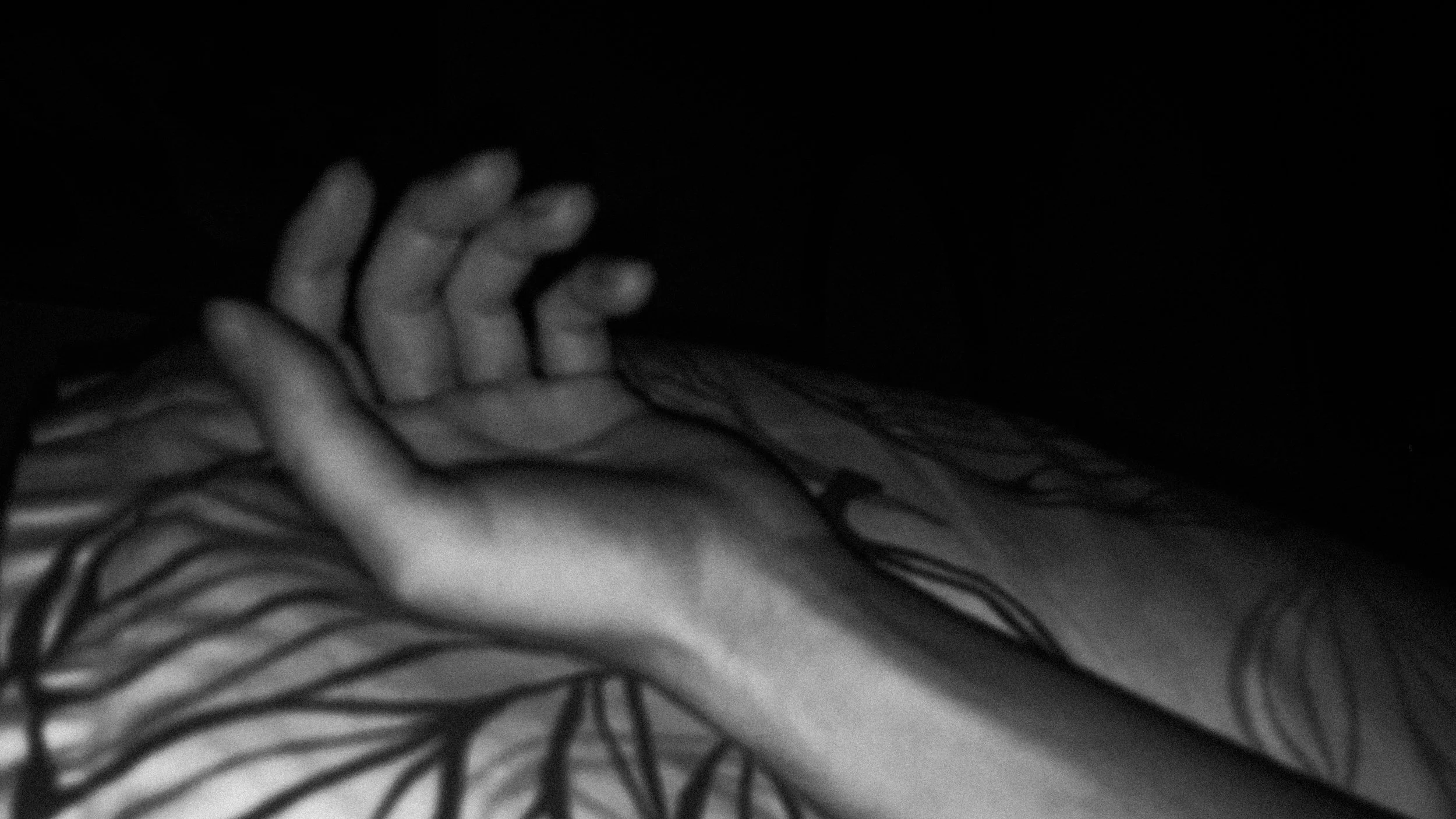 A black-and-white photo of a hand resting on a pillow, lit by a flash in an otherwise dark bedroom.