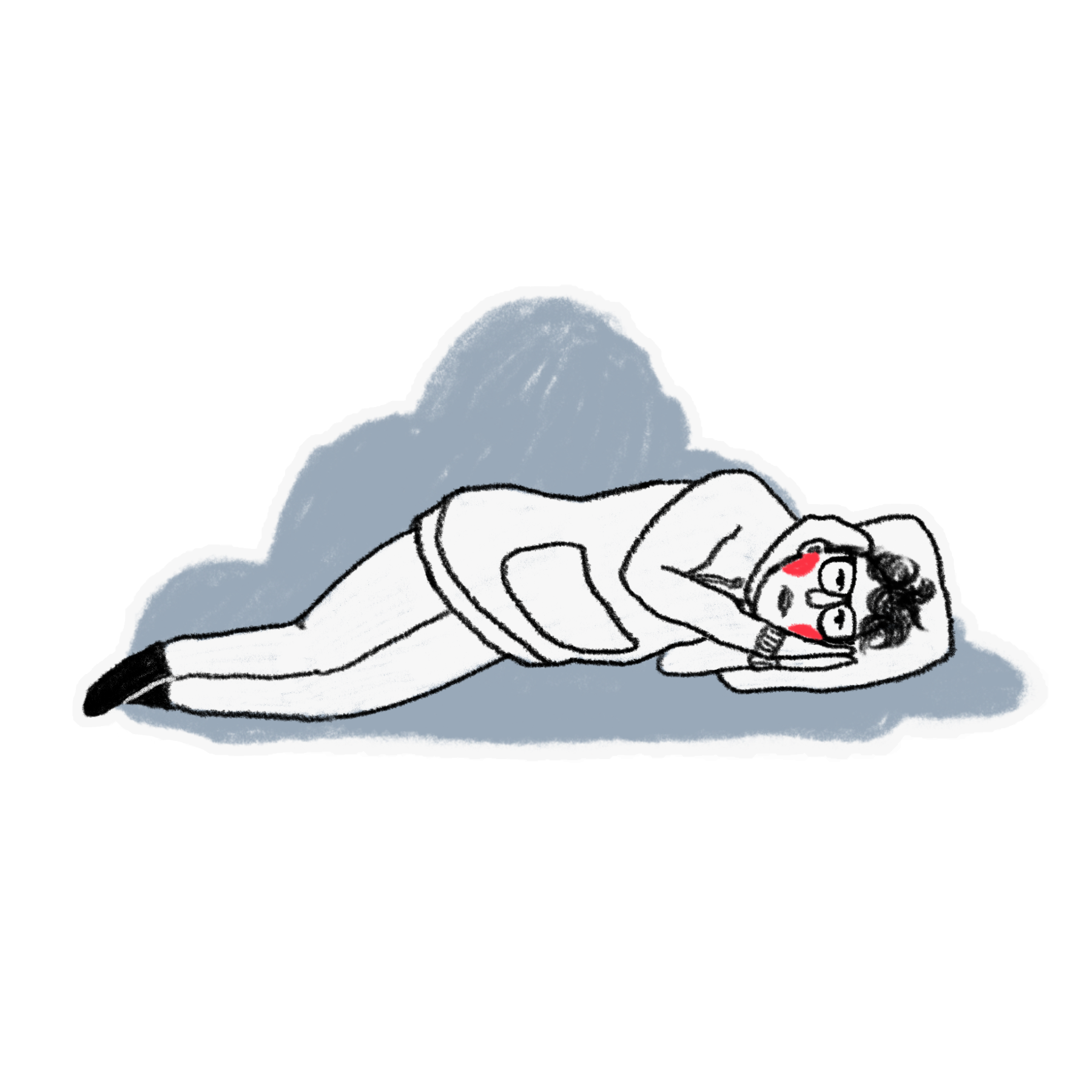 Digital illustration of a person lying down on a grey-blue cloud. Ze has short hair, glasses, a hoodie, and bright red cheeks.