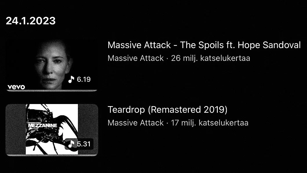 A screenshot of Youtube history that shows two Massive Attack songs being played on 24 January 2023.