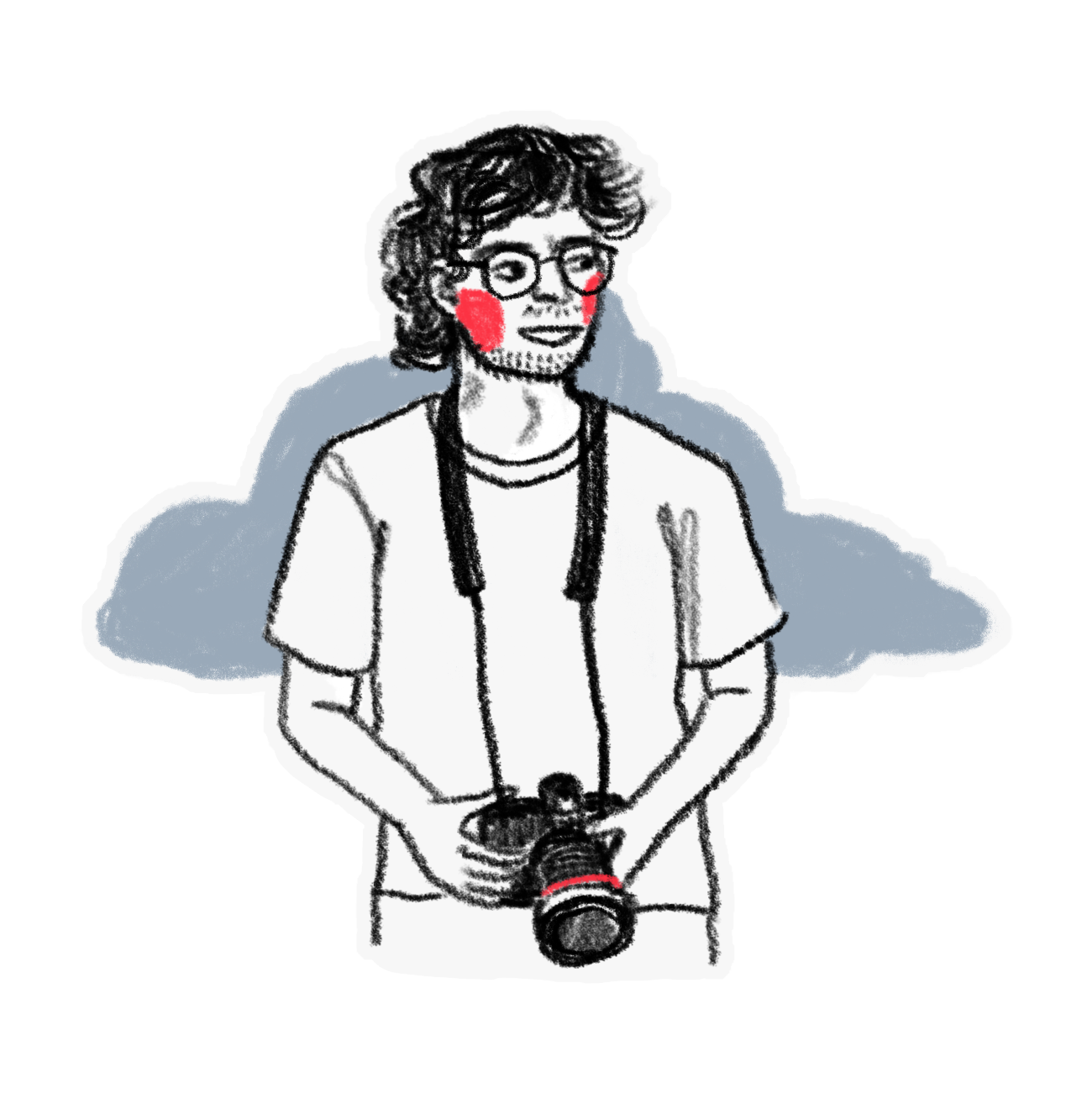 An illustration of Will, a young man with curly hair, glasses, a stubbly beard and moustache, red cheeks and a camera in his hands, in front of a grey-blue cloud.