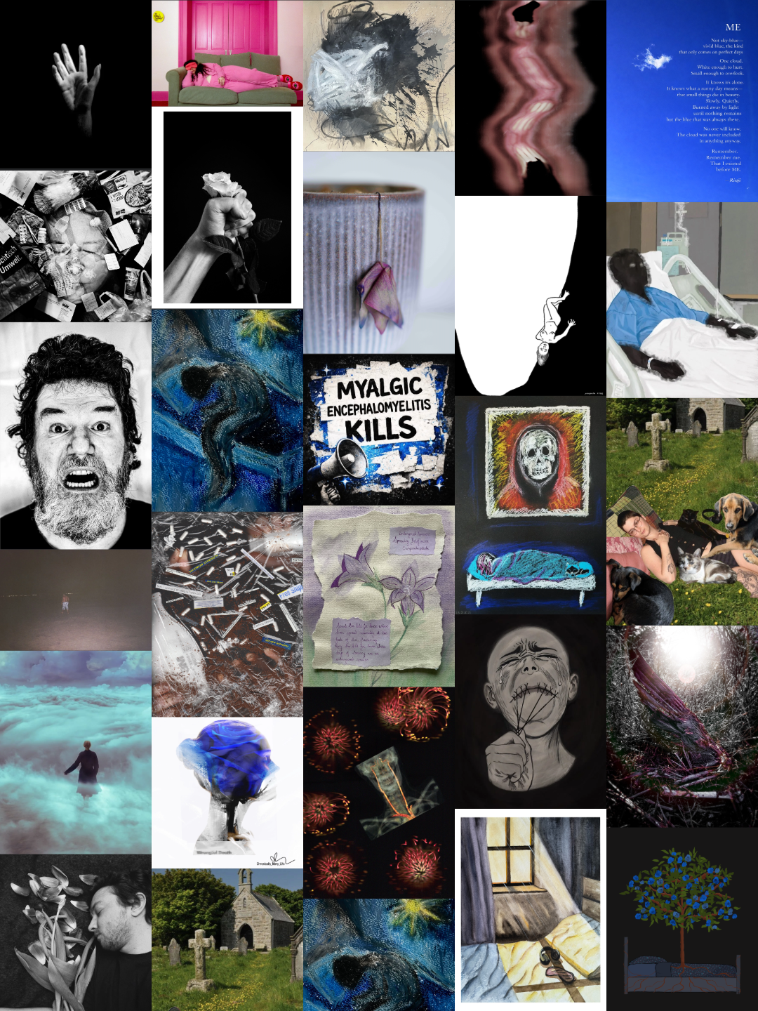 A collage of 26 image-based artworks that depict the theme of ME/CFS kills. The works are in their original aspect ratios in five columns.