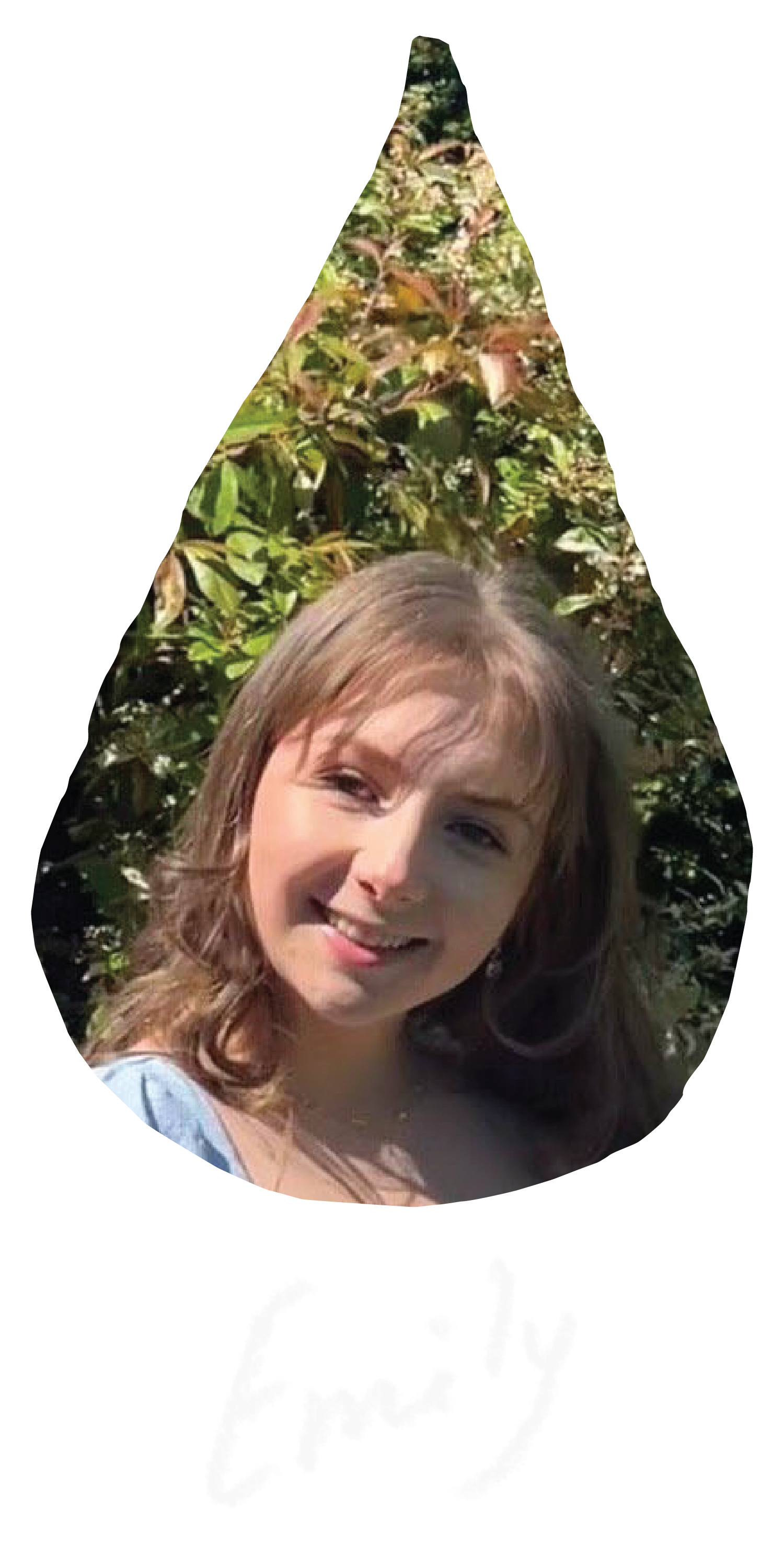 A raindrop shaped image of Katie, a young white woman with long blonde hair and glasses, wearing a gray cable-knit sweater. She has a nasal feeding tube and is seated in bed, looking at the camera with a slight smile.