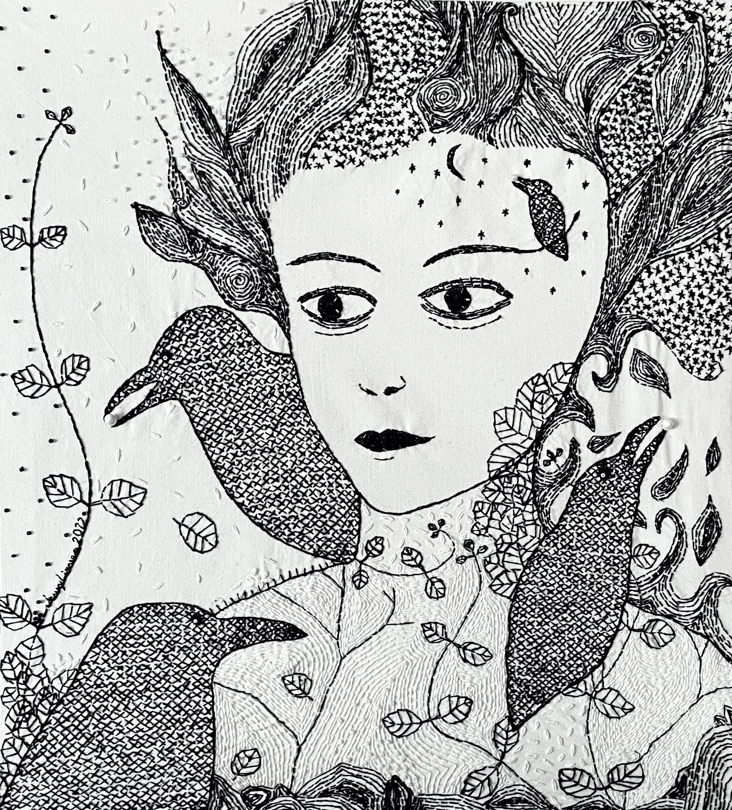An embroidered portrait of a woman in black stitching on white fabric. She is looking away from the viewer, as four corvid birds surround her. Stems and leaves of twinflower surround her, and fire burns behind her. 