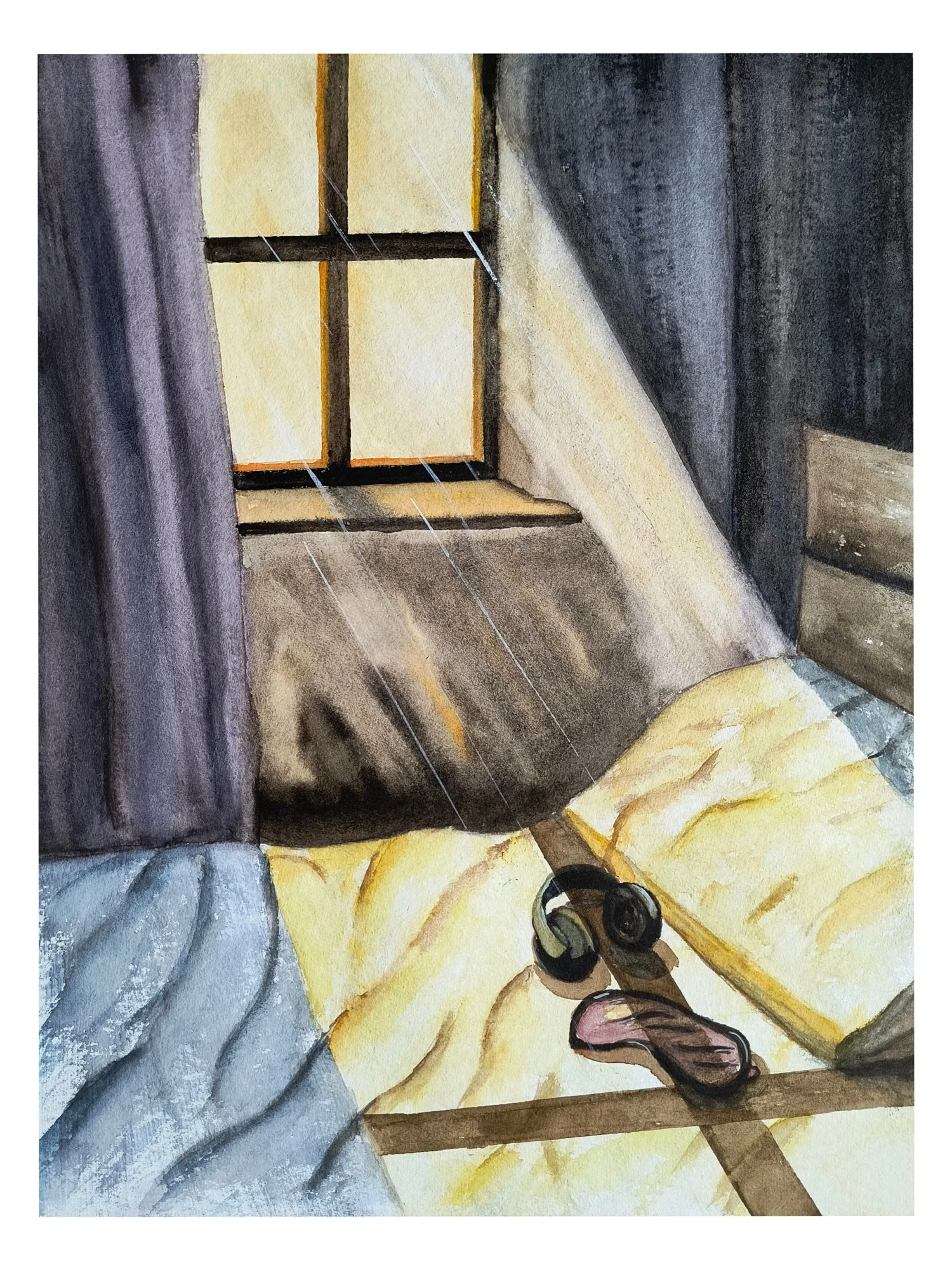 A watercolour painting of a bedroom view: an eyemask and hearing protectors on a bed are lit by a yellow ray of light that comes through a window, which has been revealed behind the dark curtains.