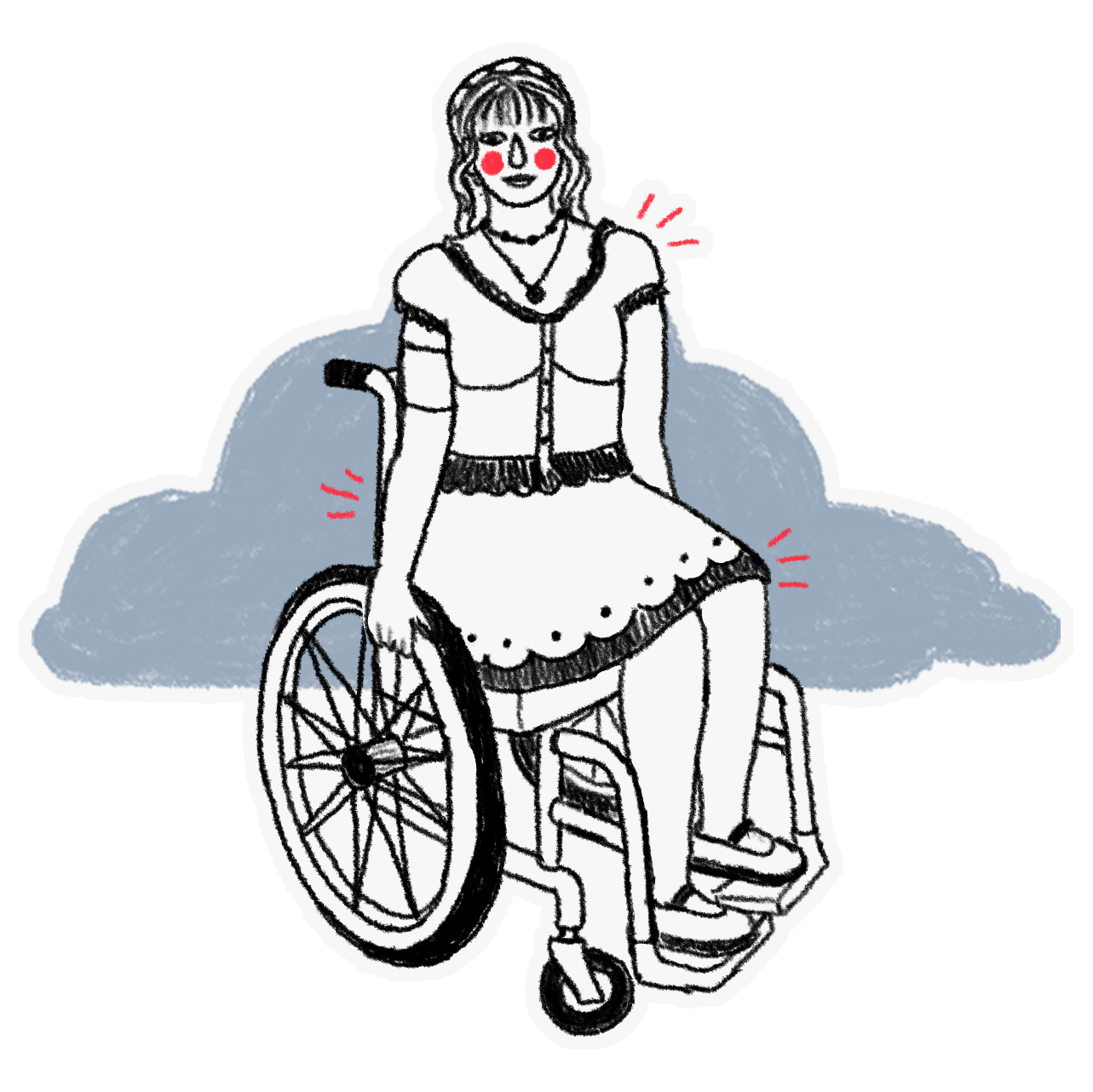 A black-and-white hand-drawn line-art illustration of a young feminine person wearing a skirt and blouse sitting in a manual wheelchair. They have red cheeks, long hair, a grey-blue cloud behind them, and red lines around their body signifying pain.