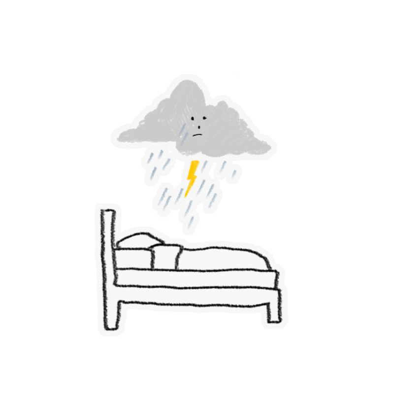 A hand-drawn illustration of a bed with a sad looking grey storm cloud above it.