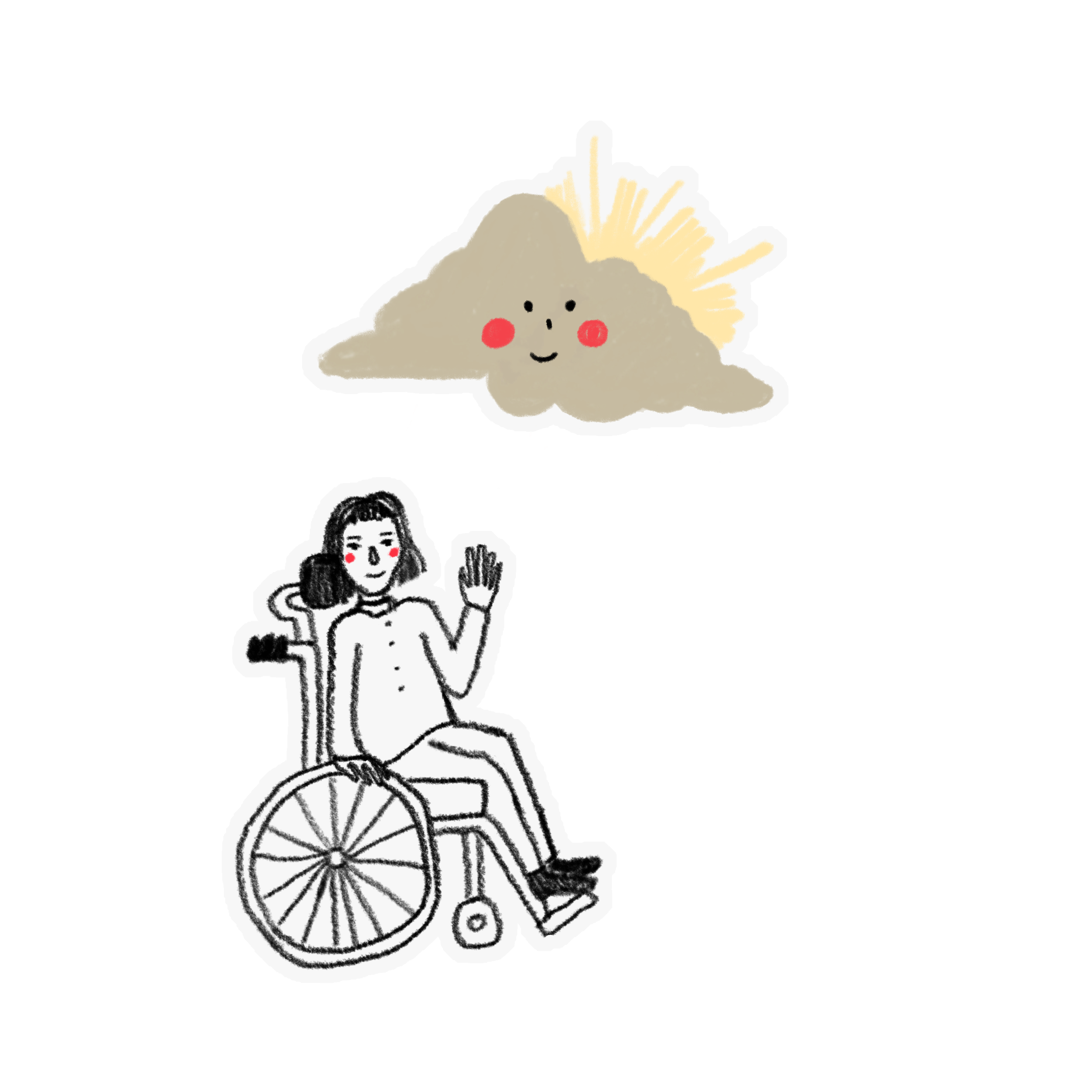 A hand-drawn illustration of a person in a wheelchair waving beneath a smiling yellowish cloud with sun rising behind it.