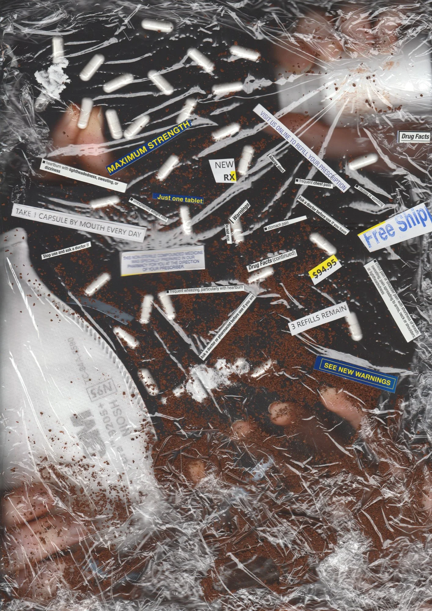 A scanography of various elements: medicine pills and instructions for them, a face mask, human hands, dirt and a plastic wrapping that layers the whole image.