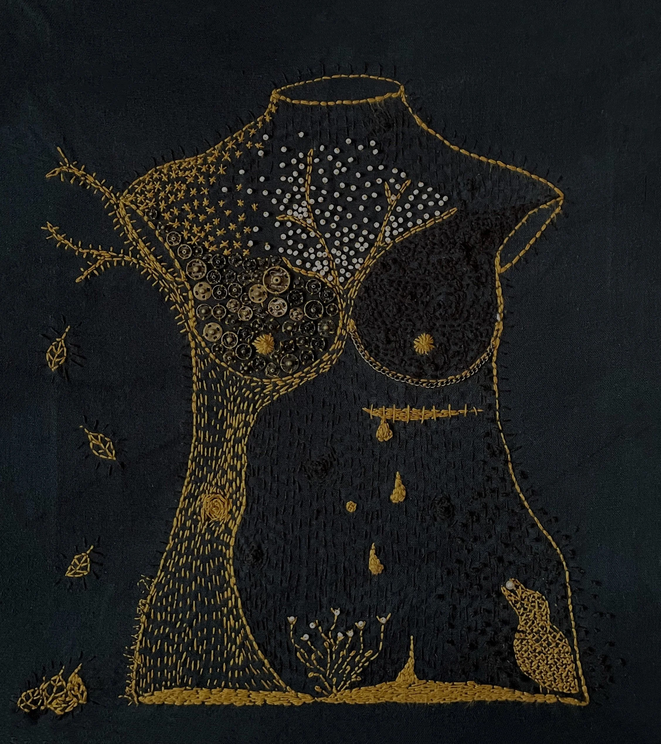 A female torso embroidered in yellow on black fabric. Part of the body is a tree trunk, with branches from which leaves are falling. The body has a wound dripping blood under its right breast. A small corvid bird stands in front of the body.