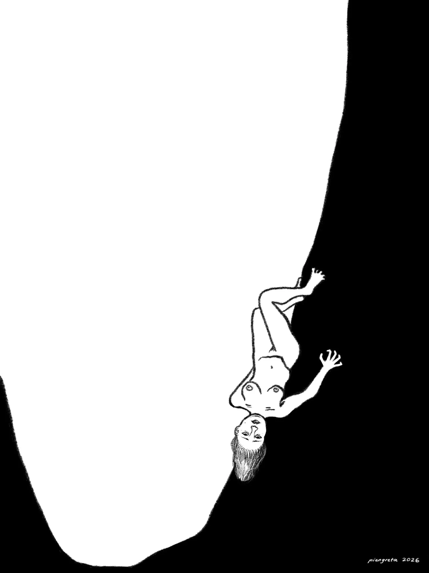 A digital black-and-white drawing of a person hanging upside down from the steep wall of a gorge. The person is naked, looking distressed, and is clinging to the wall with their fingers and toes.