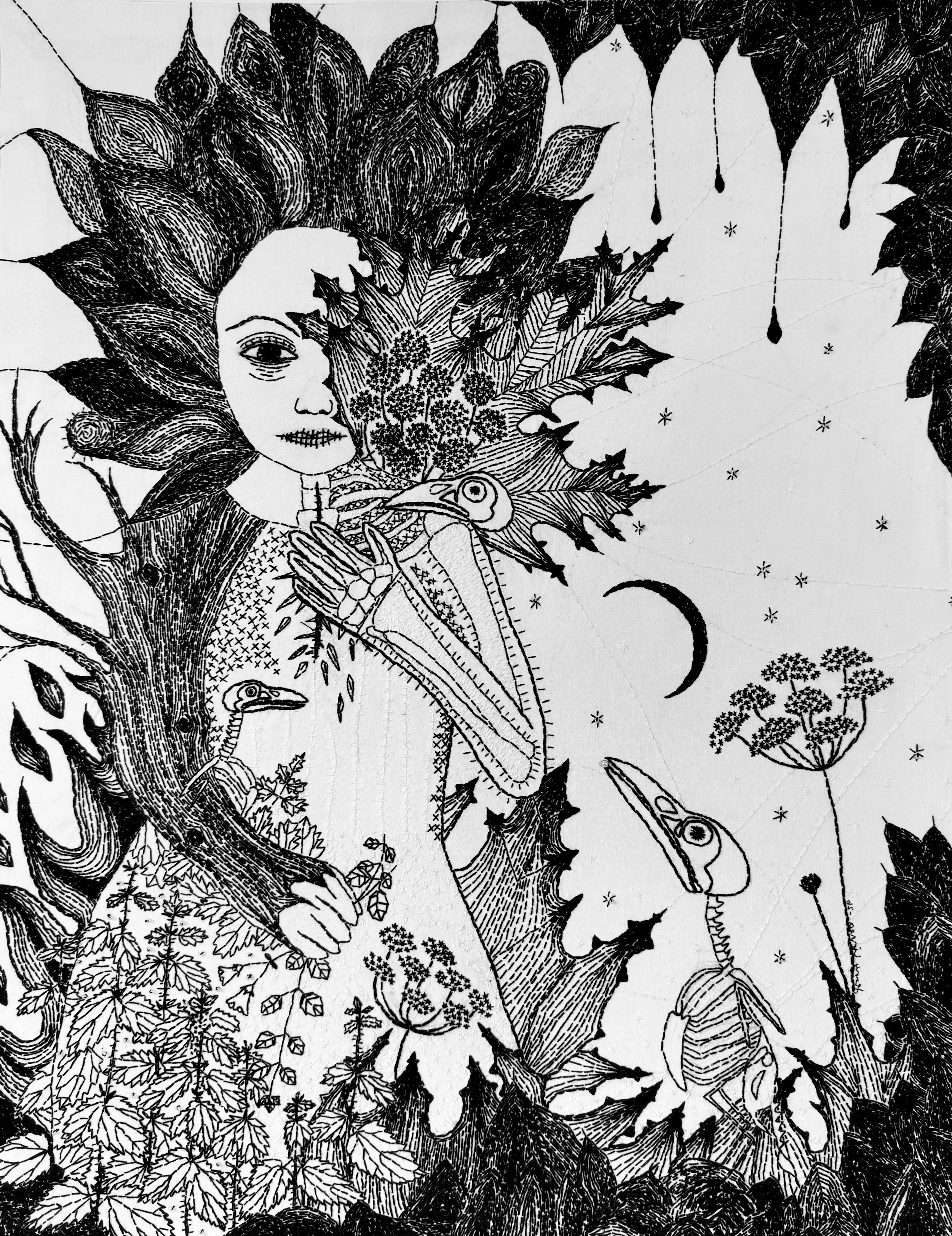 An embroidered portrait of a woman in black stitching on white fabric. Her eyes meet the watchers, with hair and a tree branch arm. She stands among nettles and hogweed as flames burn behind her. Around her sit corvid bird skeletons.