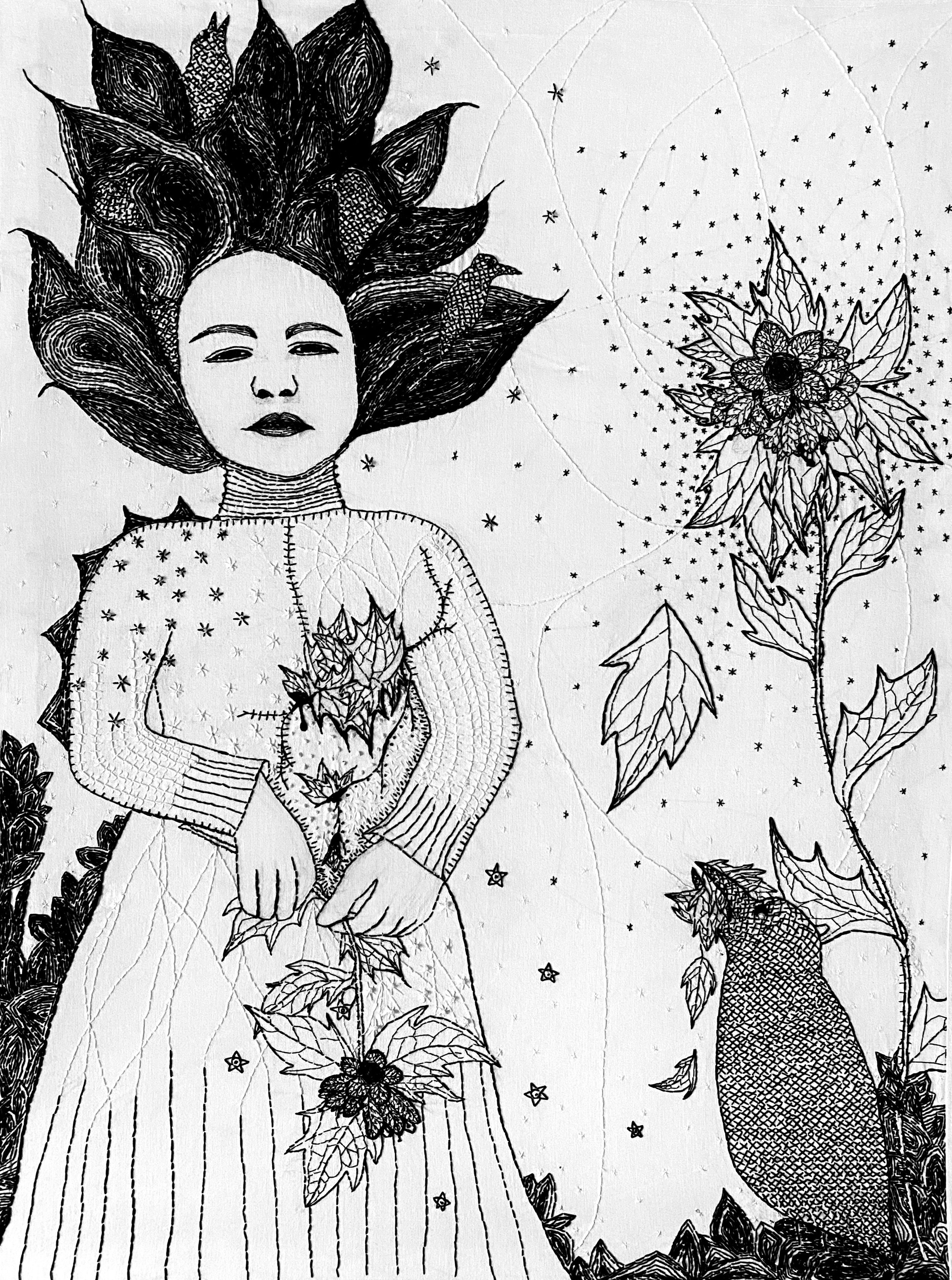 Embroidered portrait of a woman in black stitching on white fabric. She has full, wild hair, a gaze that meets the viewer, and a classic dress, holding a henbane plant, with leaves on her chest. Beside her, a large henbane grows, with a corvid bird.