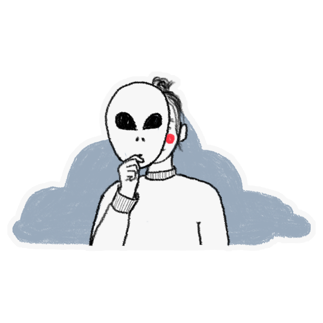 Illustration of a person in front of a blue-grey cloud, holding an alien mask in front of their face. The illustration is lined with white.