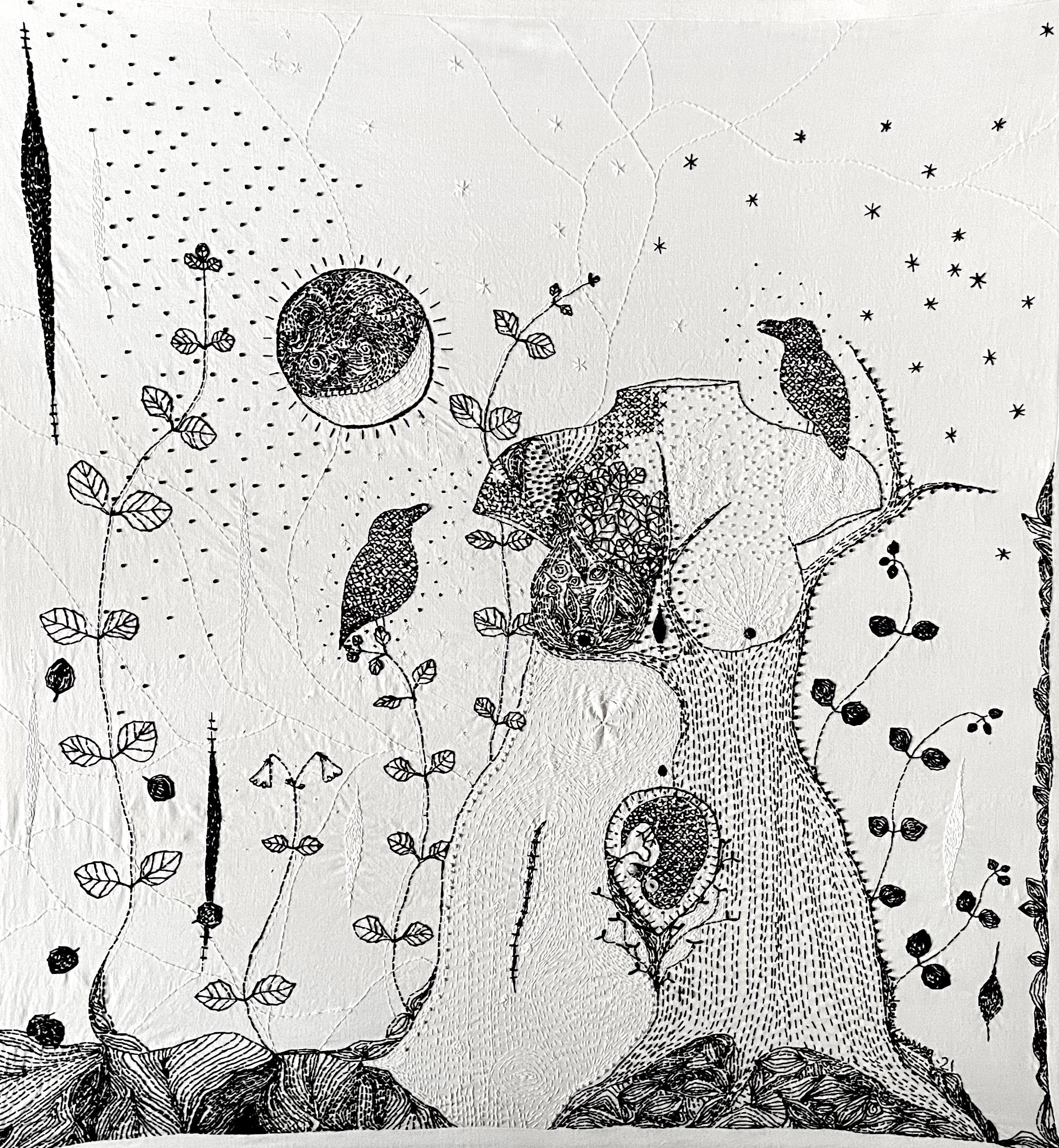 A female torso embroidered in black on white fabric. Her body is scarred, and parts of it form a tree trunk. A small corvid bird grows in her Uterus. She is surrounded by oversized twinflower stems, corvid birds, tears in the fabric, and a new moon.