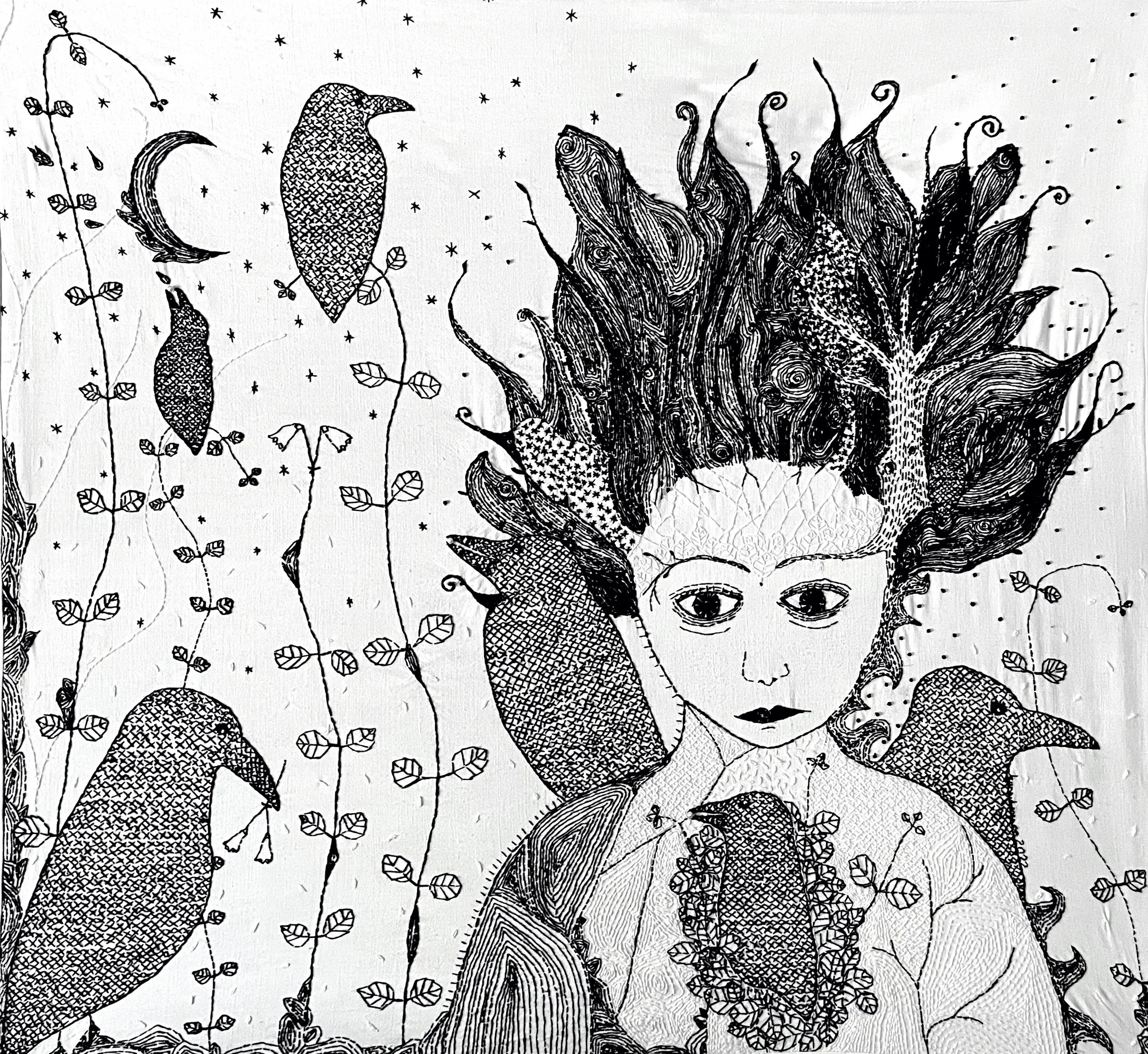 An embroidered portrait of a woman in black stitching on white fabric. She has full, wild hair, with a tree growing out of it, and her gaze is lost in thought. Six corvid birds and twinflowers surround her.