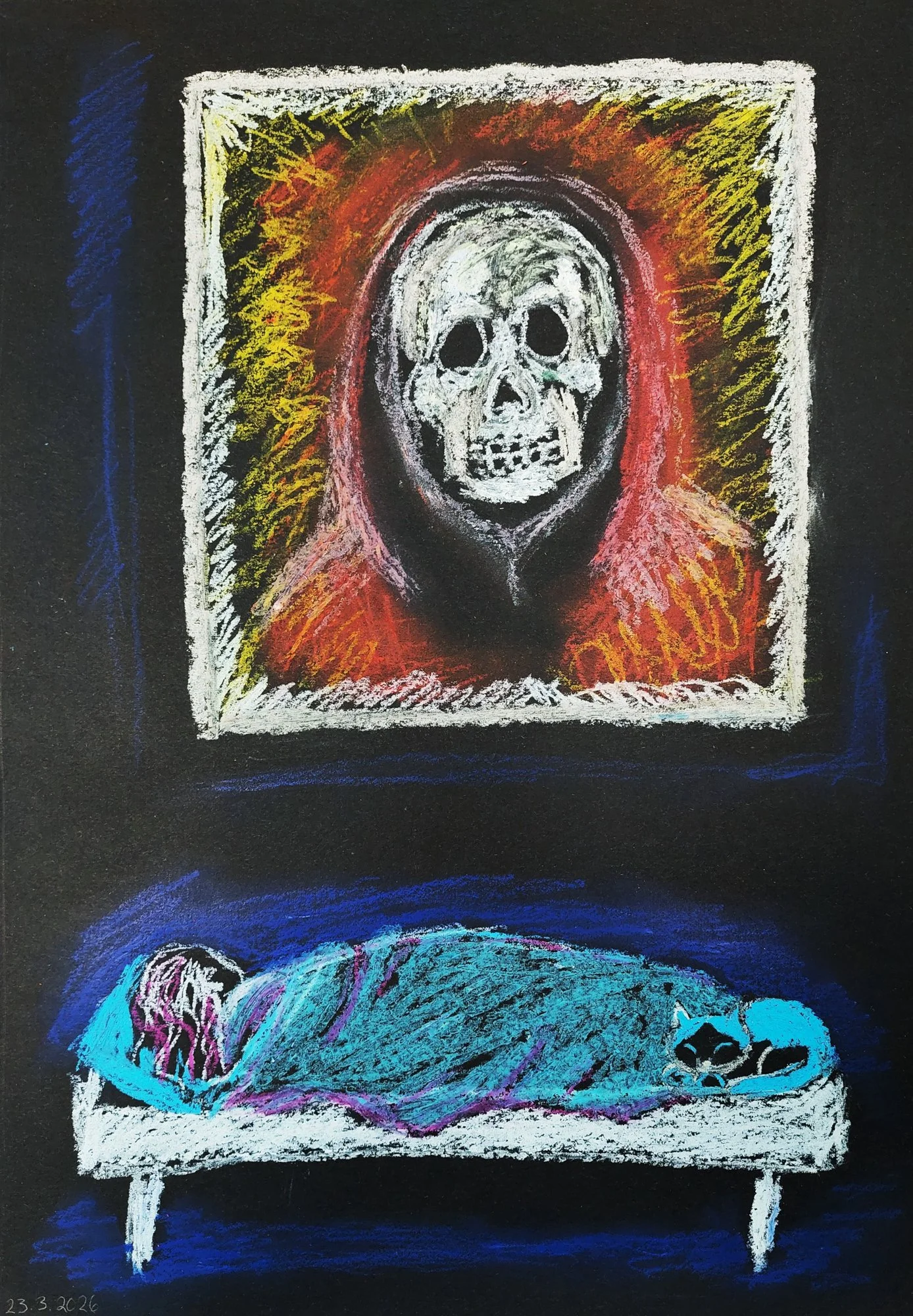 A painting made with oil pastels on paper of a person wrapped in a cyan duvet in a white bed with a black and cyan coloured cat. A human skeleton with a red robe is watching over from a window.