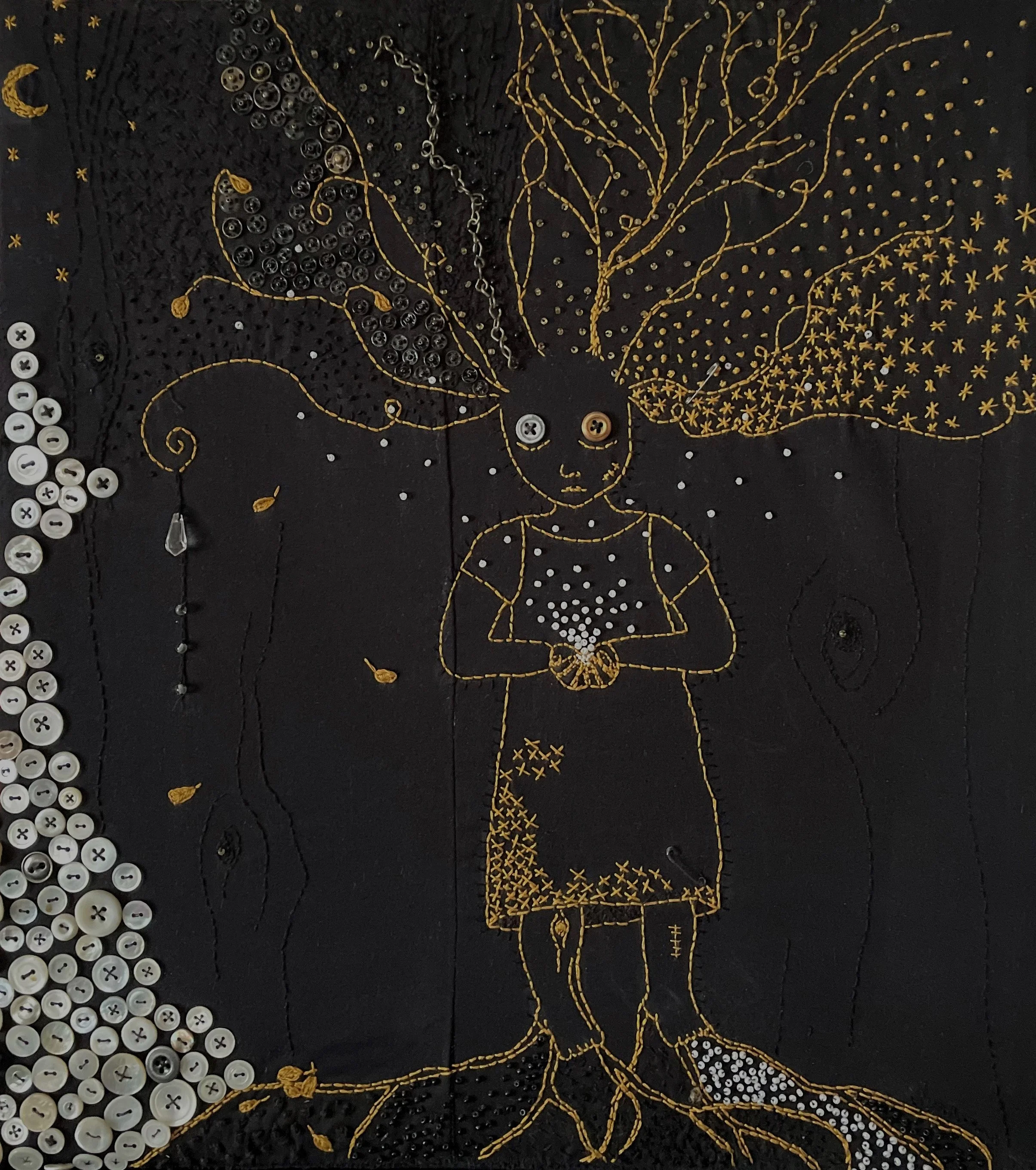A full-length portrait of a young girl embroidered in yellow stitching on black fabric. She has long, wild hair, and her feet root into the ground.  There are buttons on her eyelids, and she holds light in her hands in the form of white glass beads.