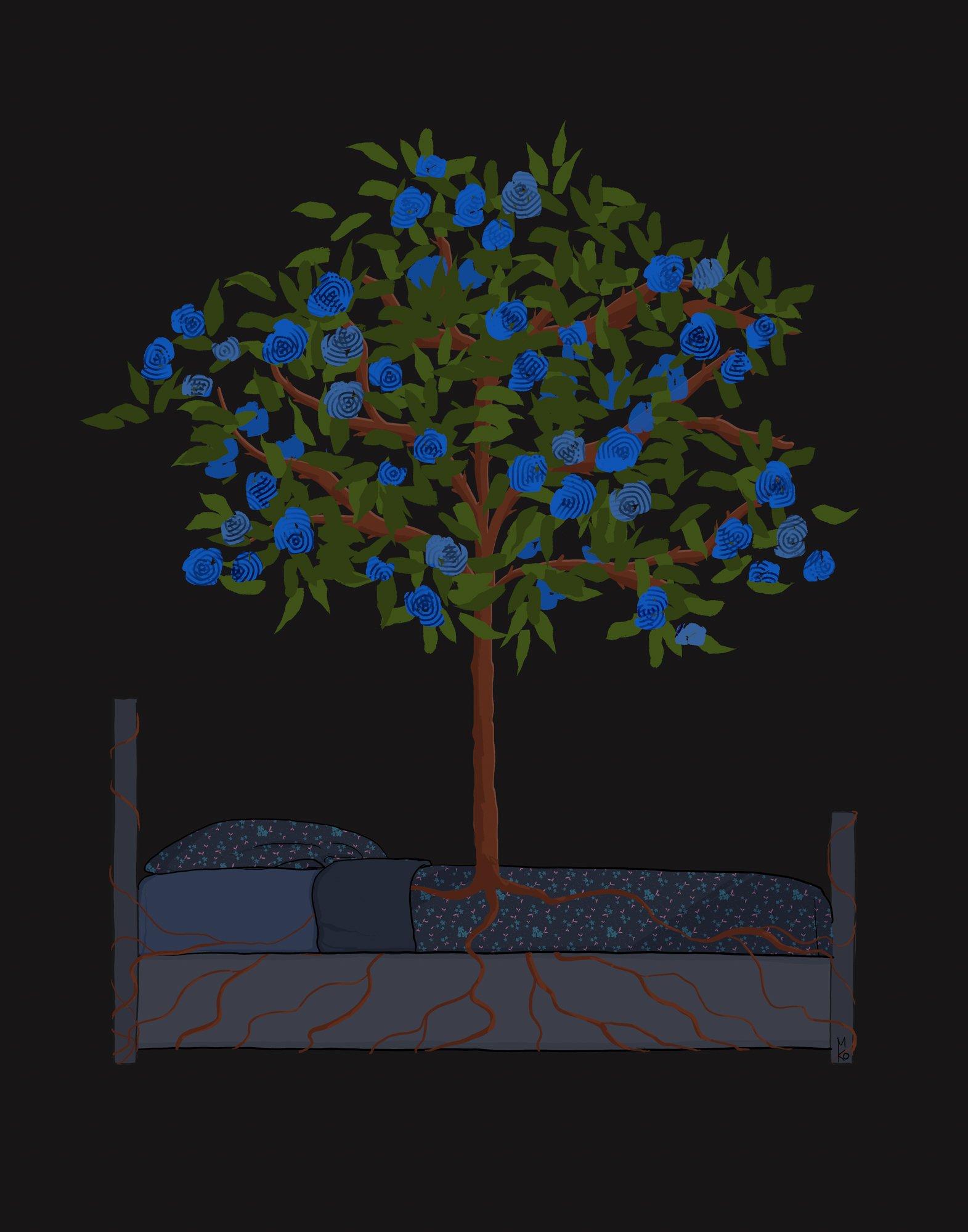 A digital drawing of a tree with green leaves and blue roses that grows from a bed against a dark background. The roots of the tree are visible in the bed.