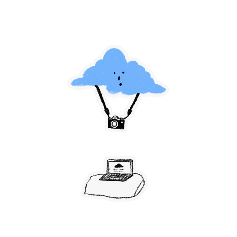 A hand-drawn illustration of a focused looking light blue cloud with a camera on strap, a laptop underneath it.