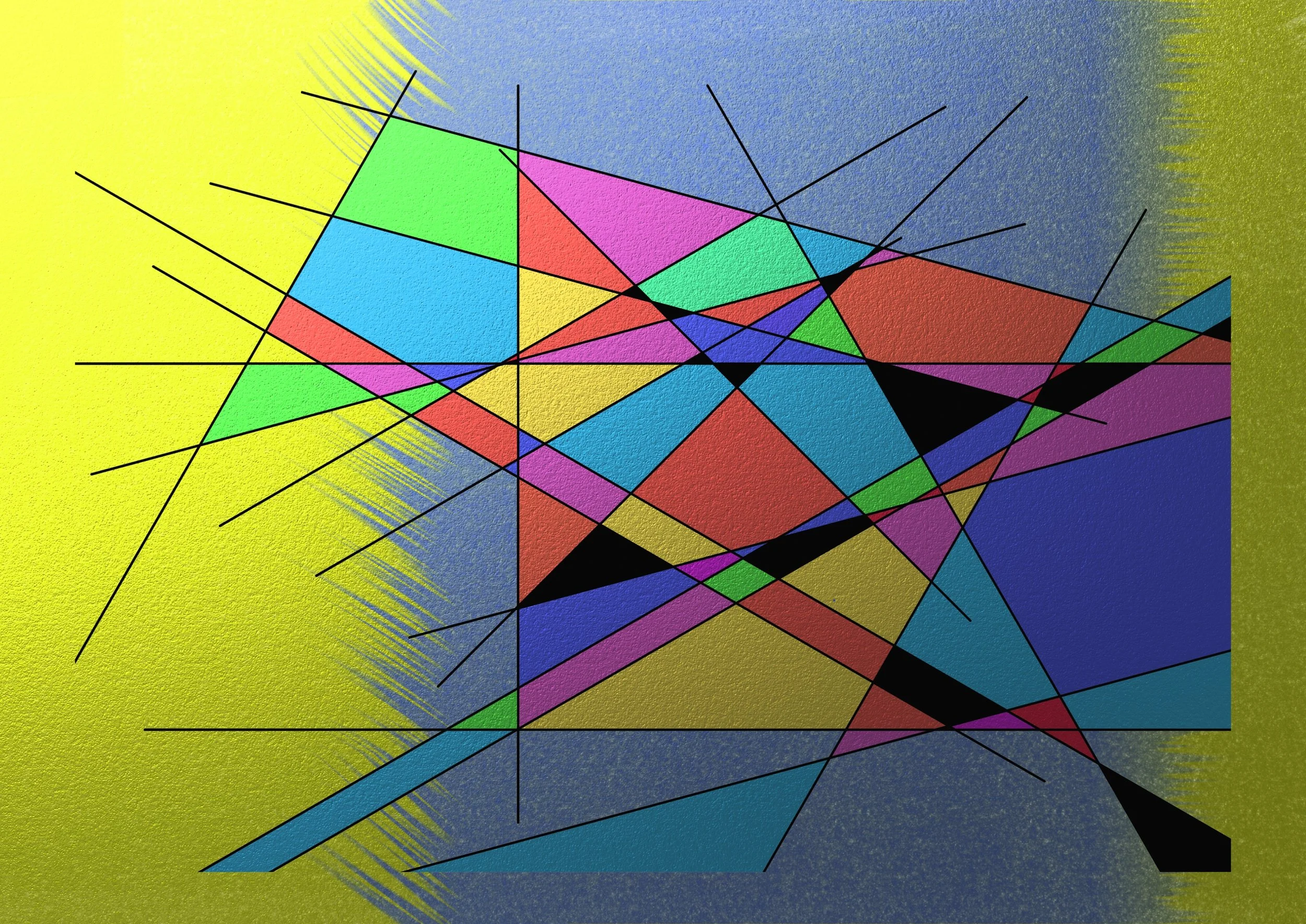 Abstract computer-generated artwork of intersecting lines creates shapes filled with black, yellow, blue, green, red, purple, or pink on a textured blue background with yellow brushstrokes blending from the right and left.