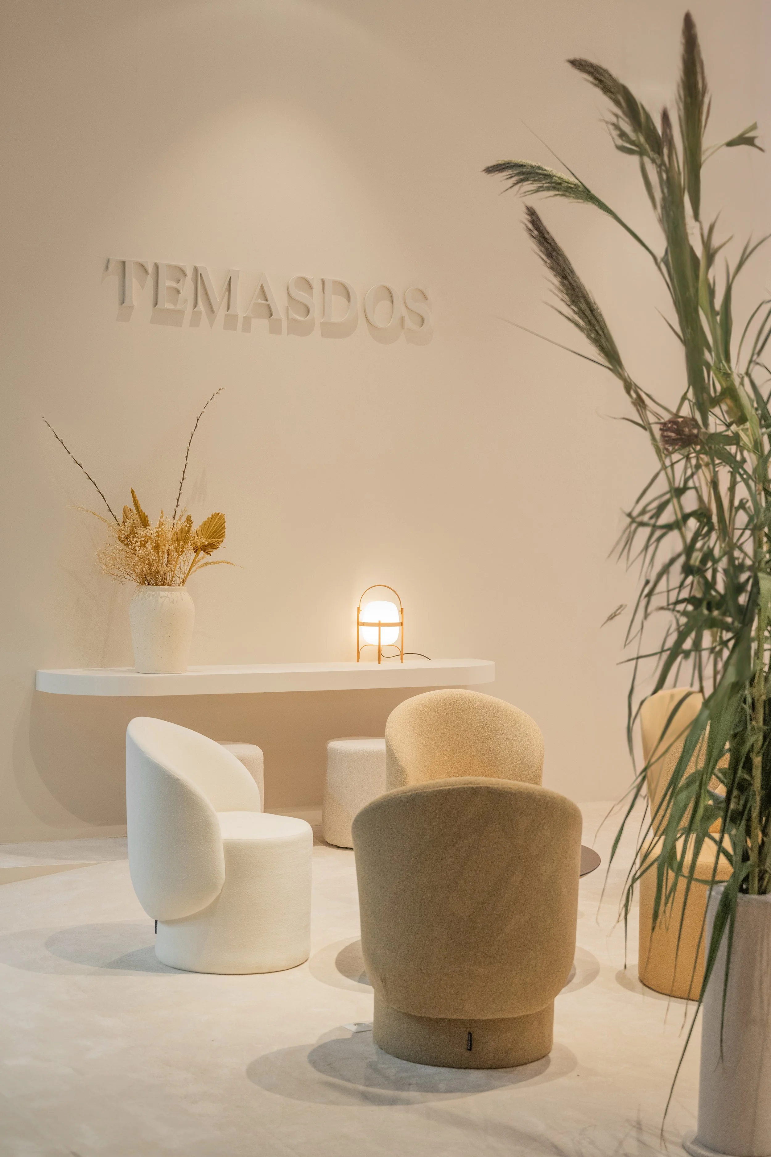 Un área de descanso con varias sillas de diseño moderno en tonos neutros, una pared con la palabra 'TEMASDOS' y decoraciones minimalistas como un florero con plantas secas, una lámpara y plantas verdes altas.