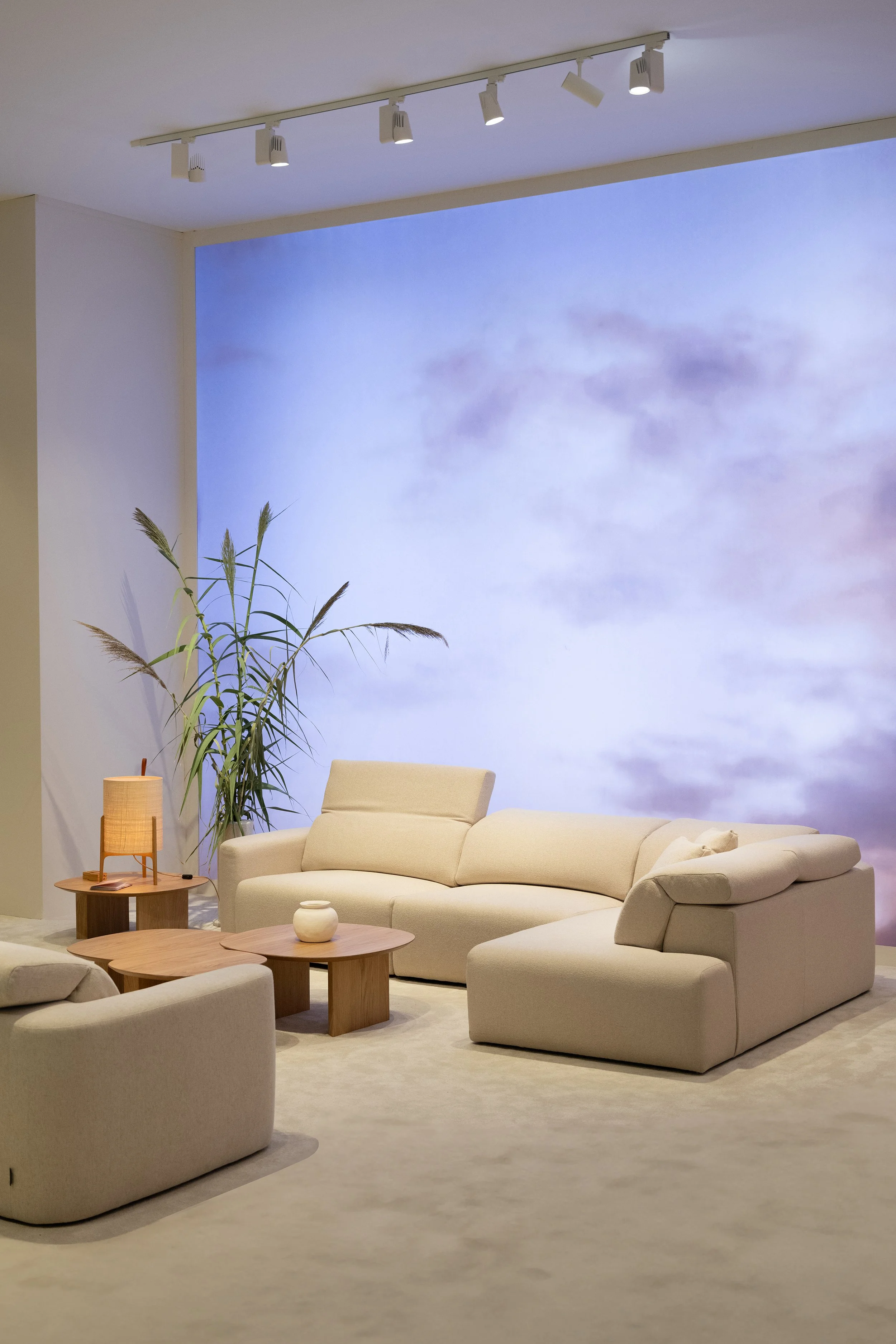 Sala moderna con sillones beige, mesas de madera, planta en la esquina y fondo con muro decorativo que imita el cielo con nubes.