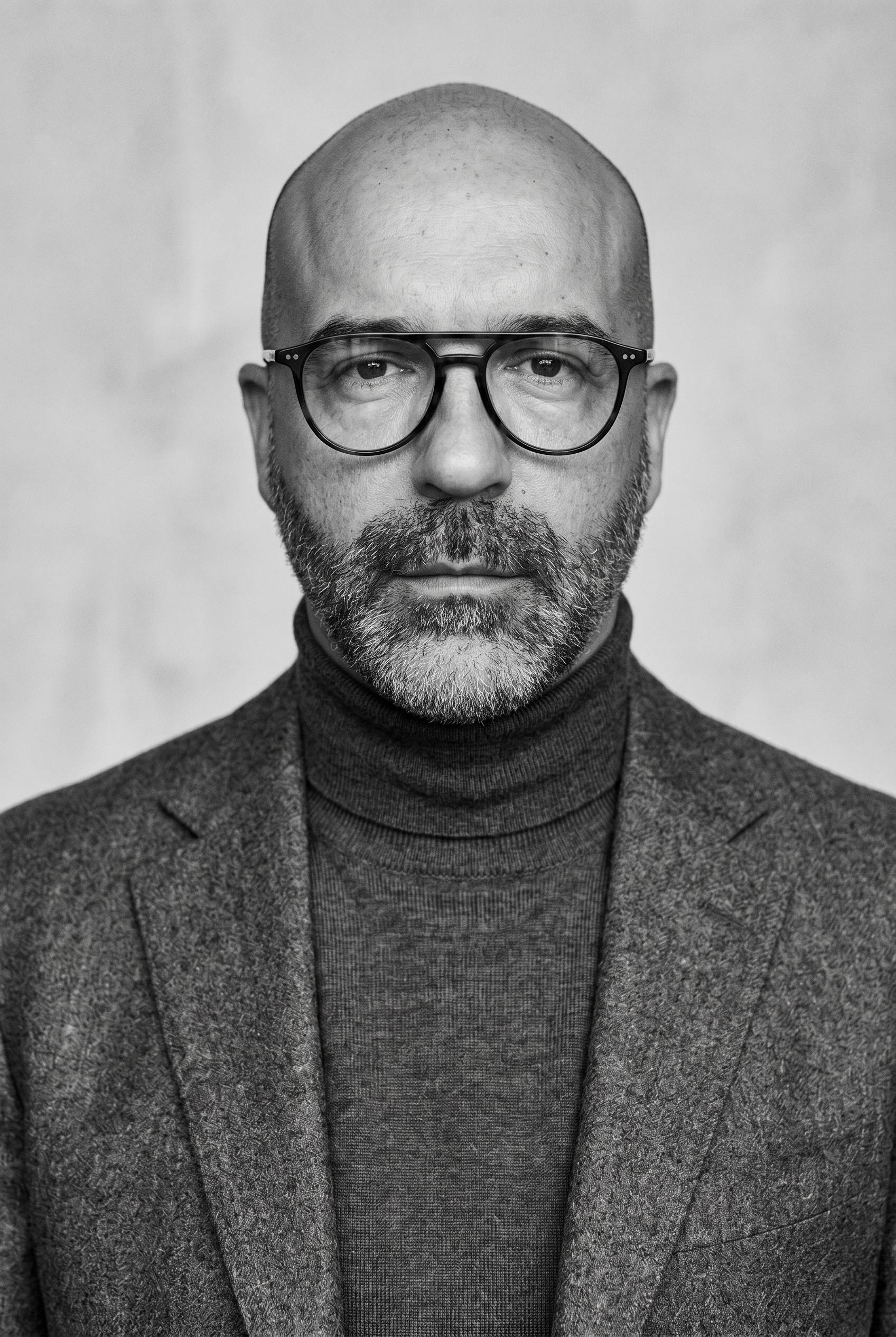 Retrato en blanco y negro de un hombre calvo con barba, usando gafas y ropa formal, con fondo claro.
