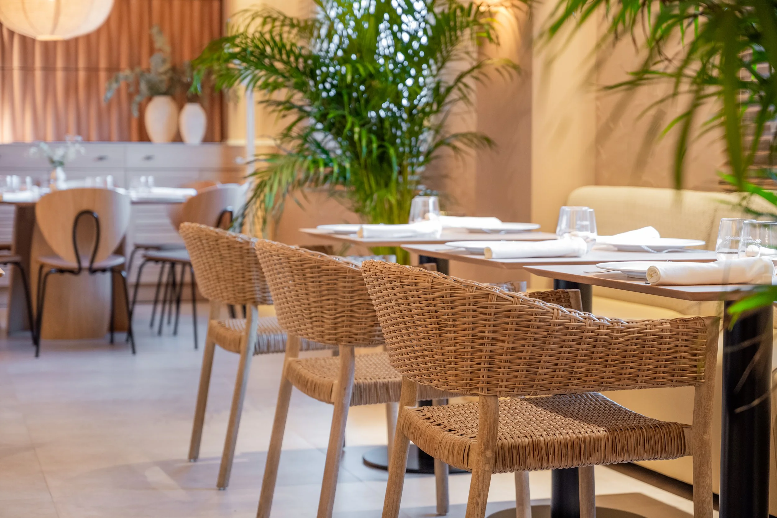 Mesas y sillas en un restaurante con plantas decorativas y luces suaves.