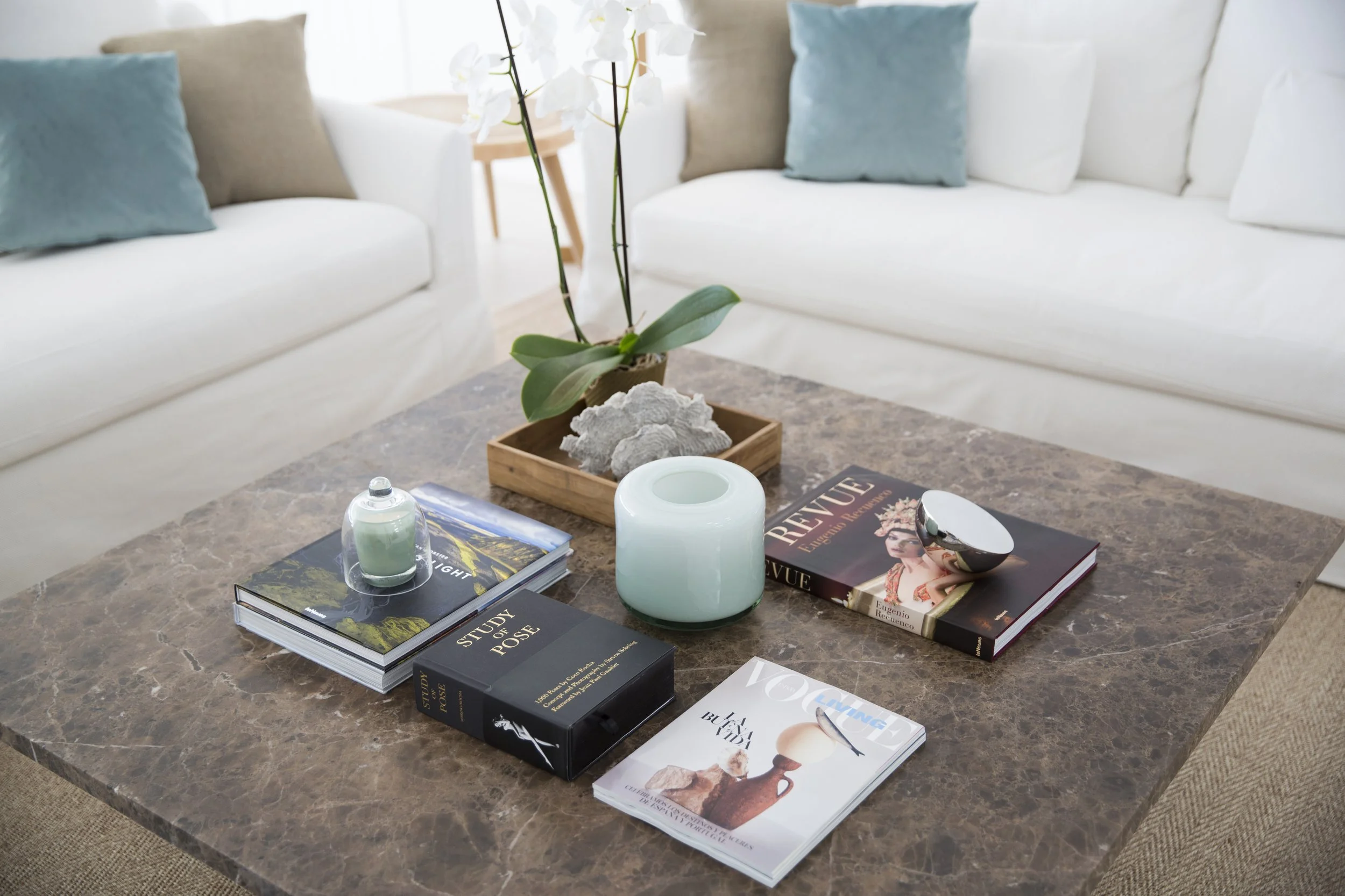 Mesa de mármol con libros y objetos decorativos en un salón. En el fondo, sofá blanco con cojines en tonos beige y azul claro, con una planta de orquídea blanca en la mesa.